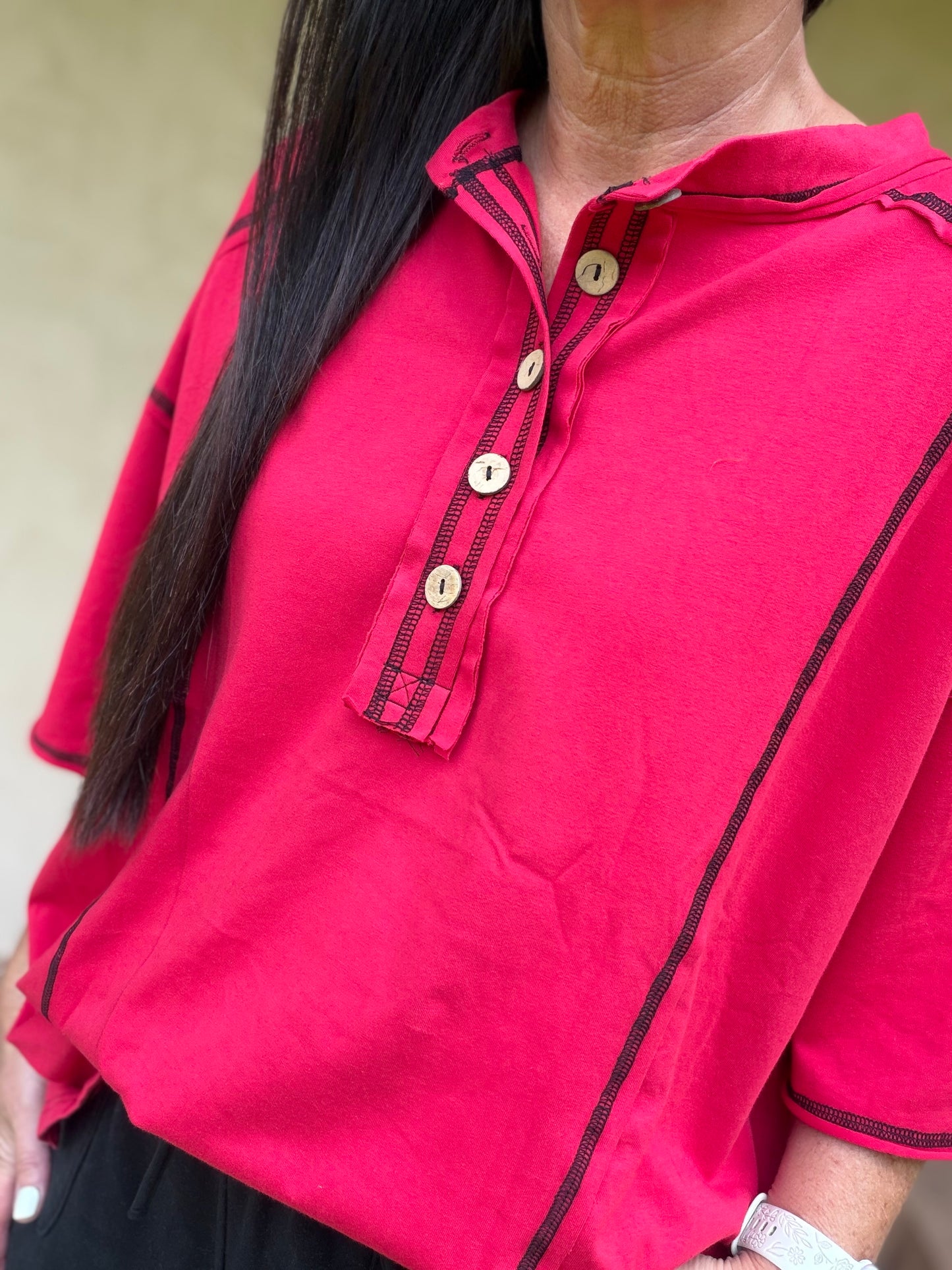 Button Henley Tee, Red