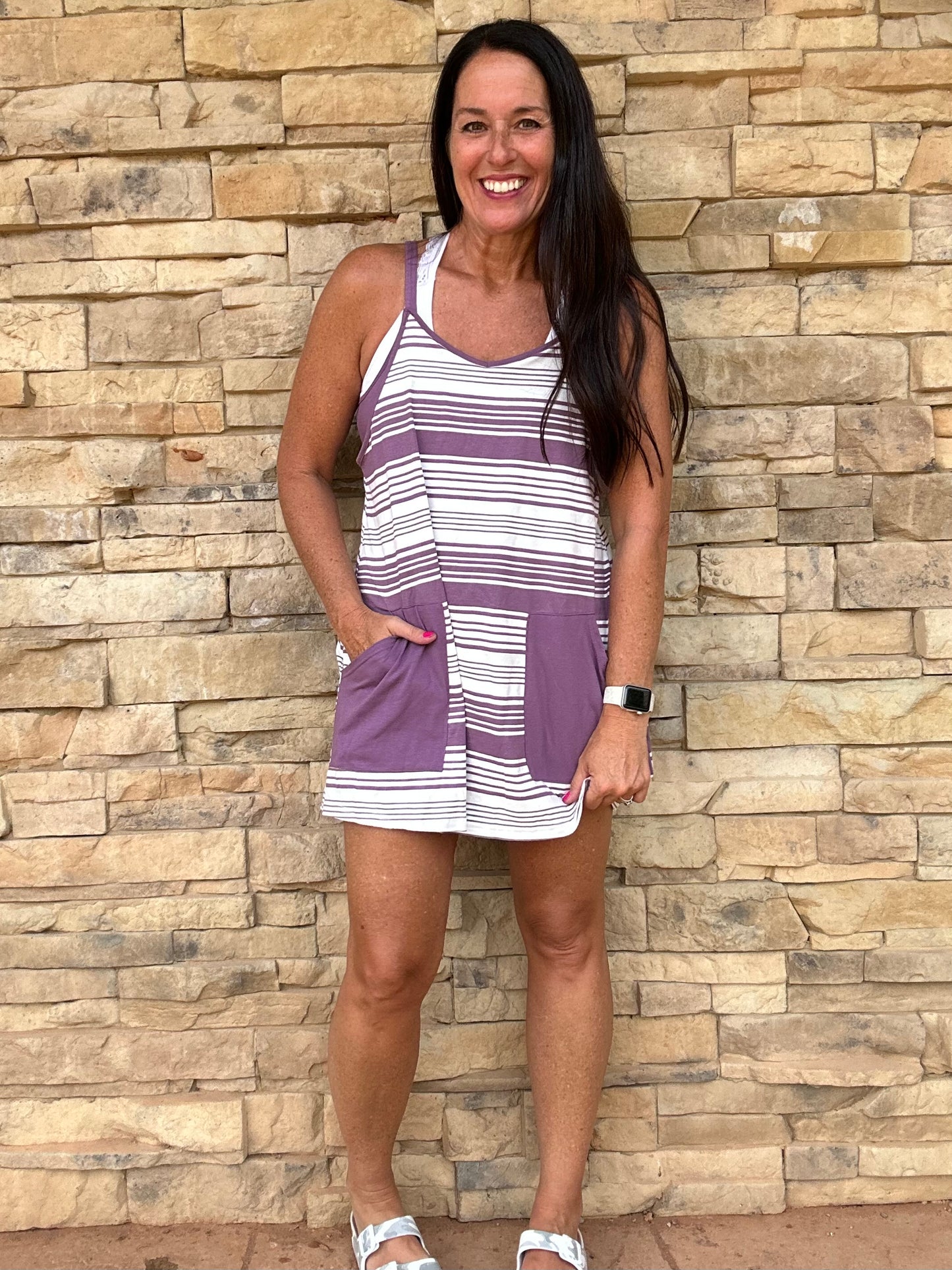 V-Neck Striped Dress, Purple