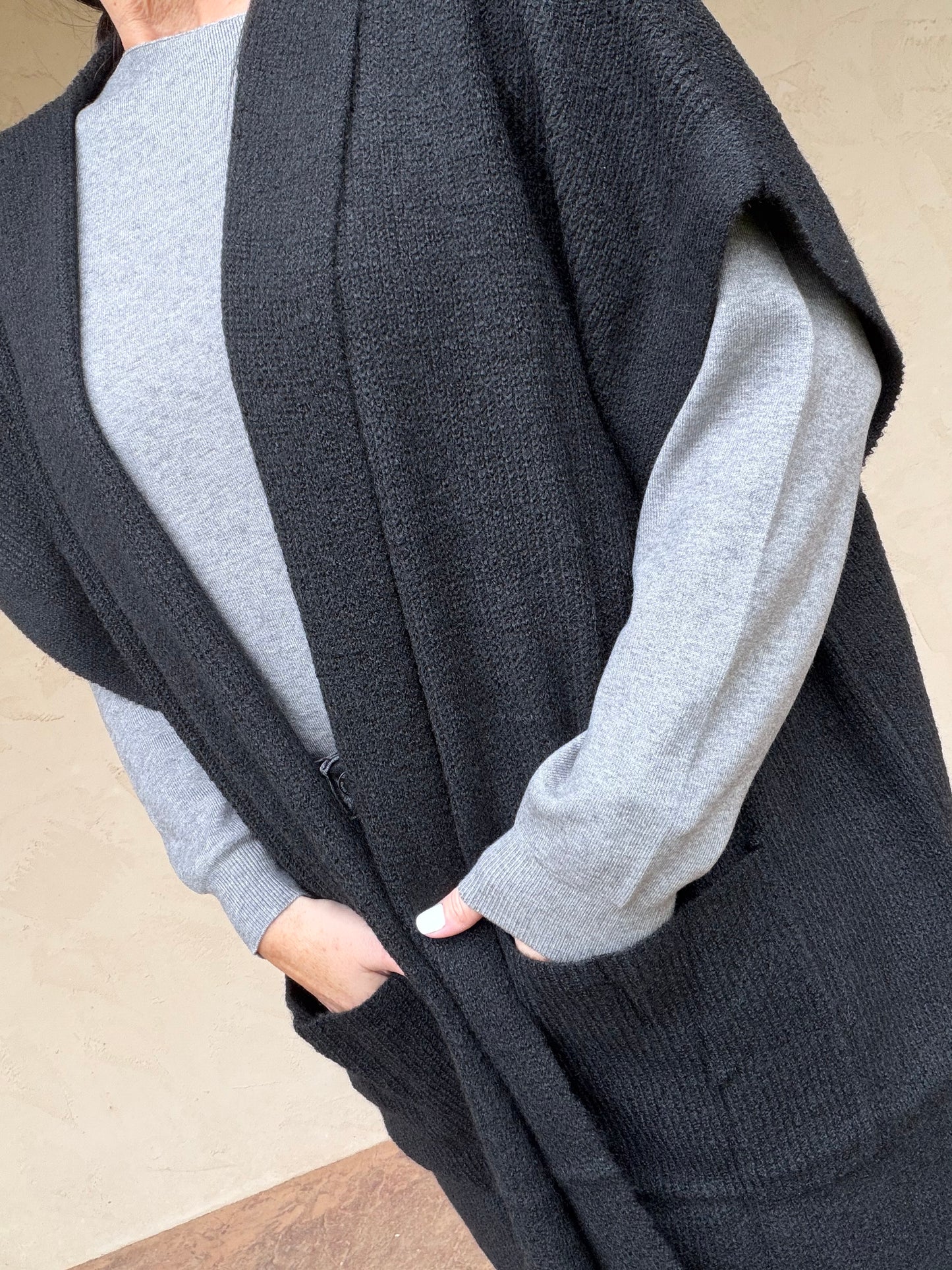 Hem & Thread Hooded Sweater Poncho, Black