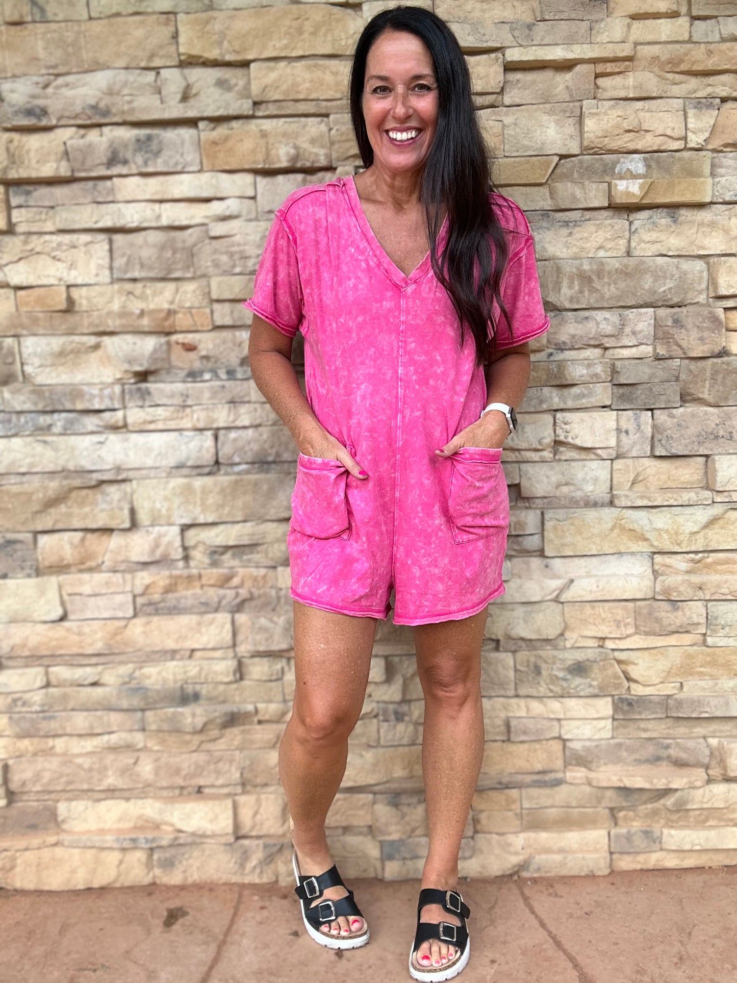Mineral Washed Oversized V-Neck Romper, Pink