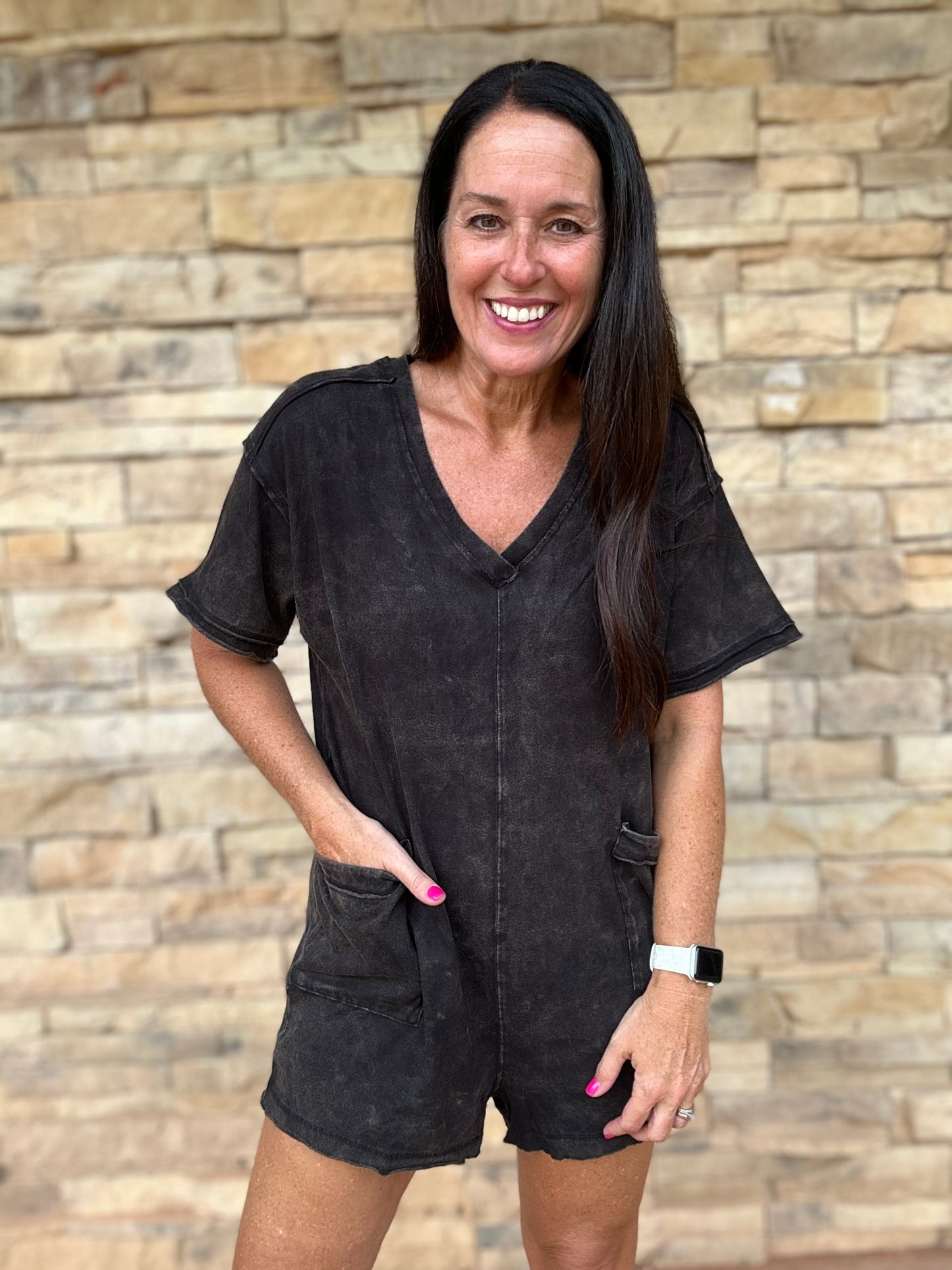 Mineral Washed Oversized V-Neck Romper, Black