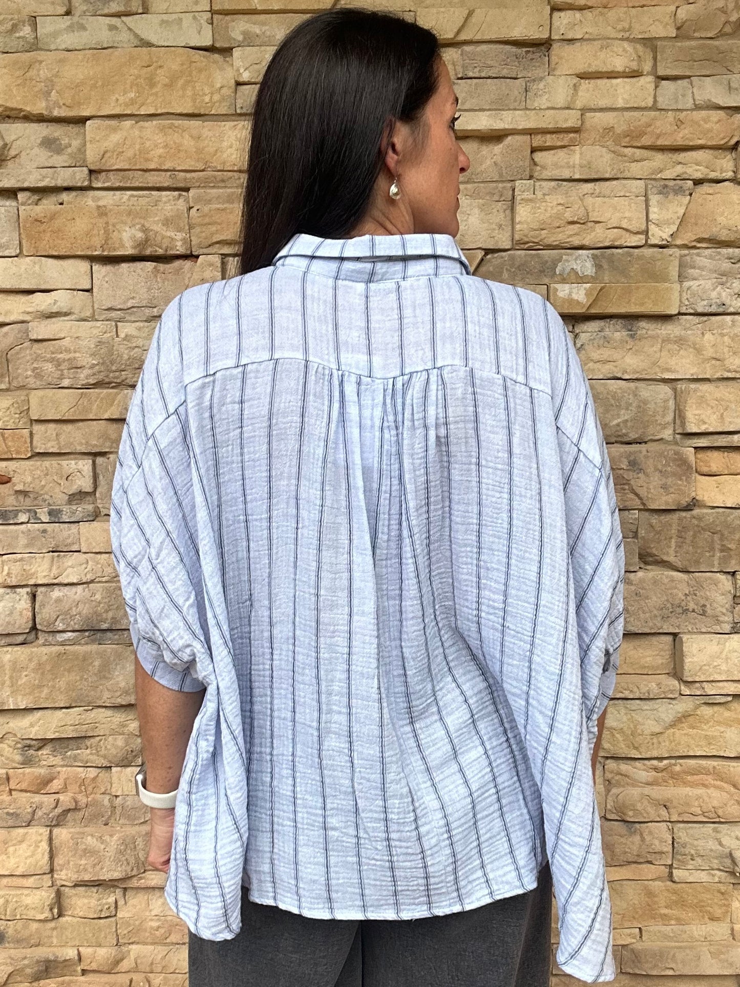 Oversized Striped Woven Top, Blue