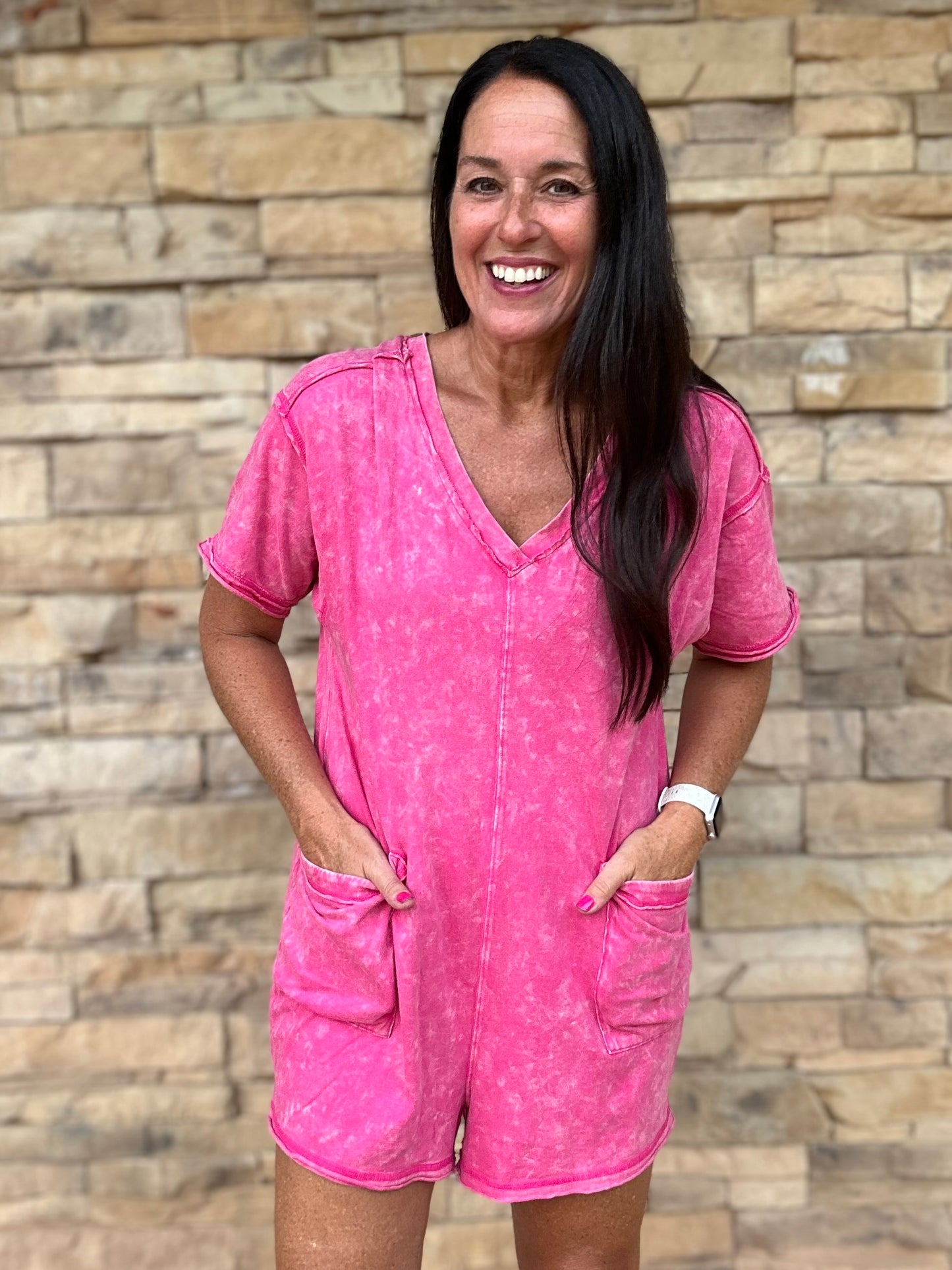 Mineral Washed Oversized V-Neck Romper, Pink
