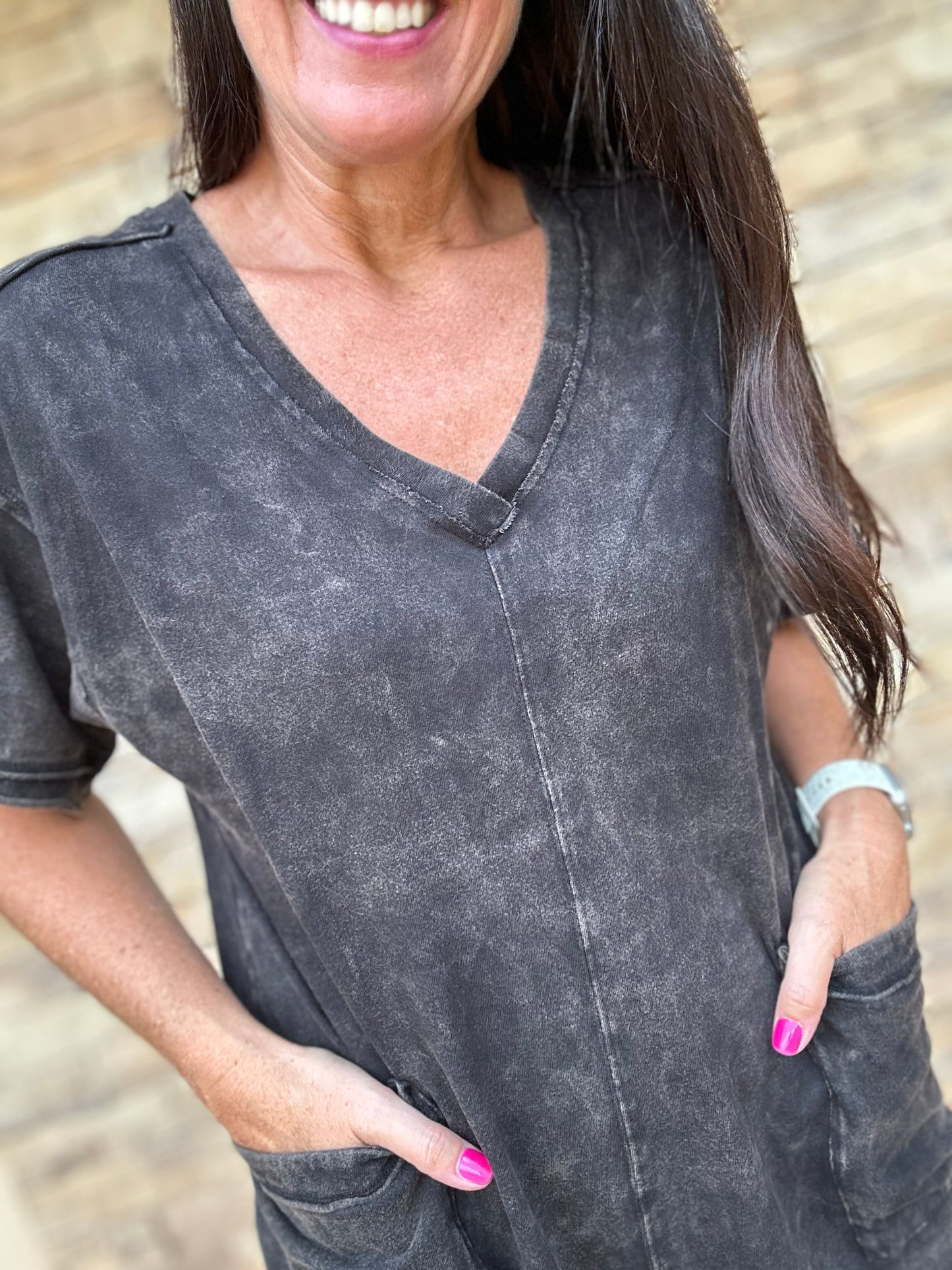 Mineral Washed Oversized V-Neck Romper, Black