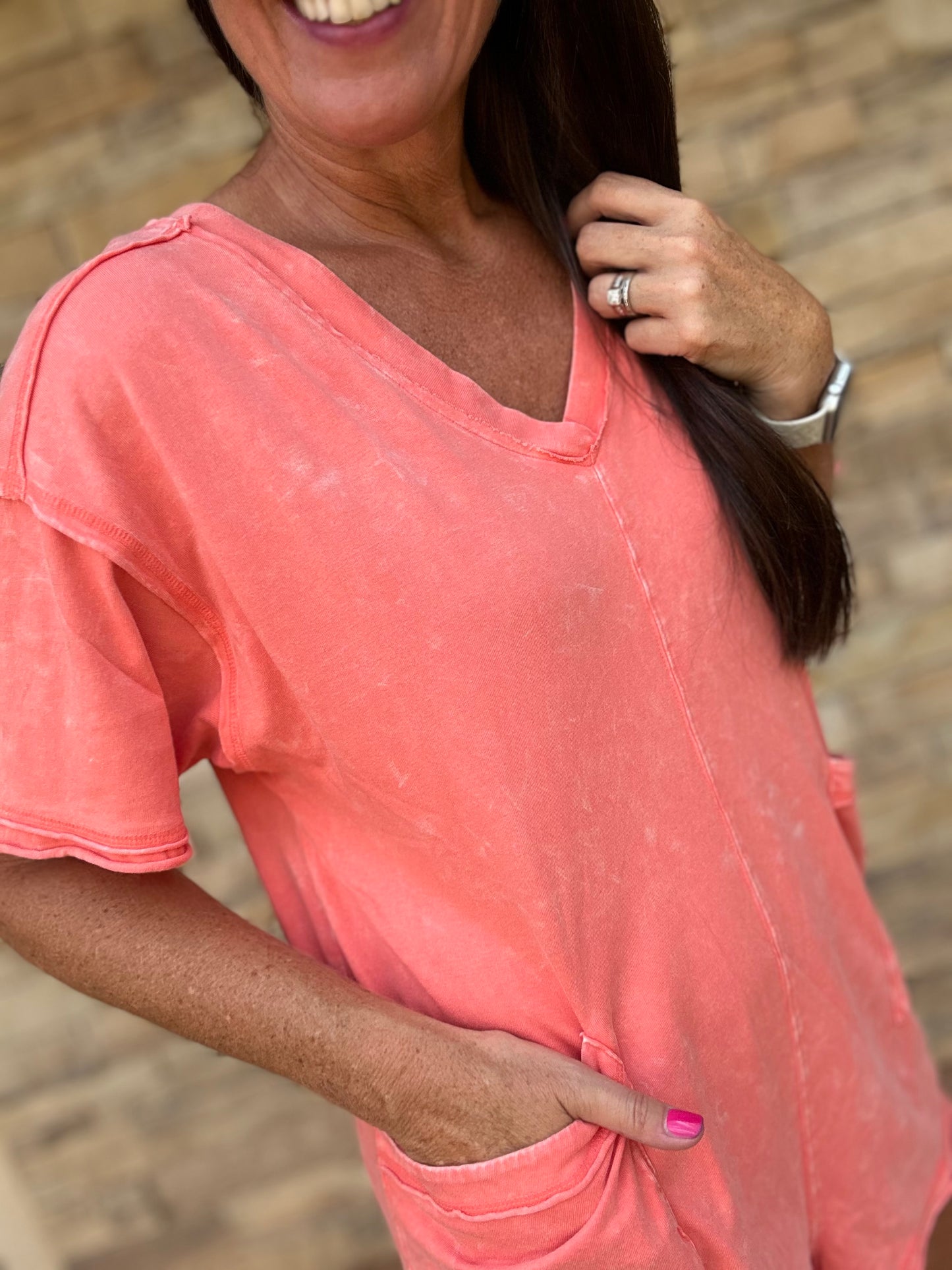 Mineral Washed Oversized V-Neck Romper, Coral