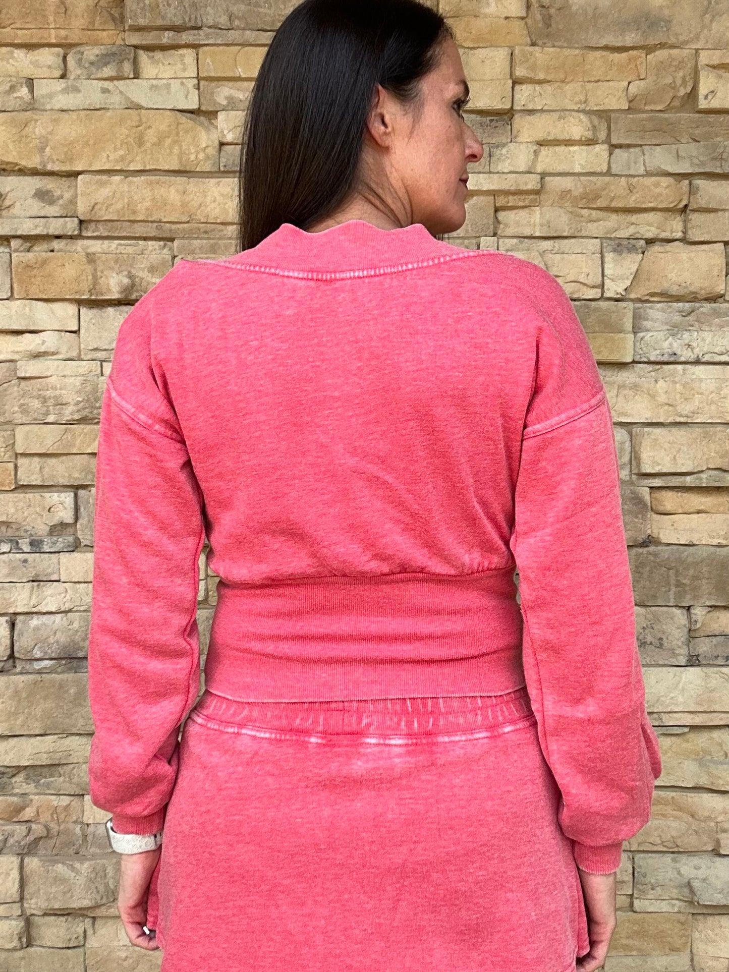 Mono B Burned Out V-Neck Sweatshirt, Cherry Red
