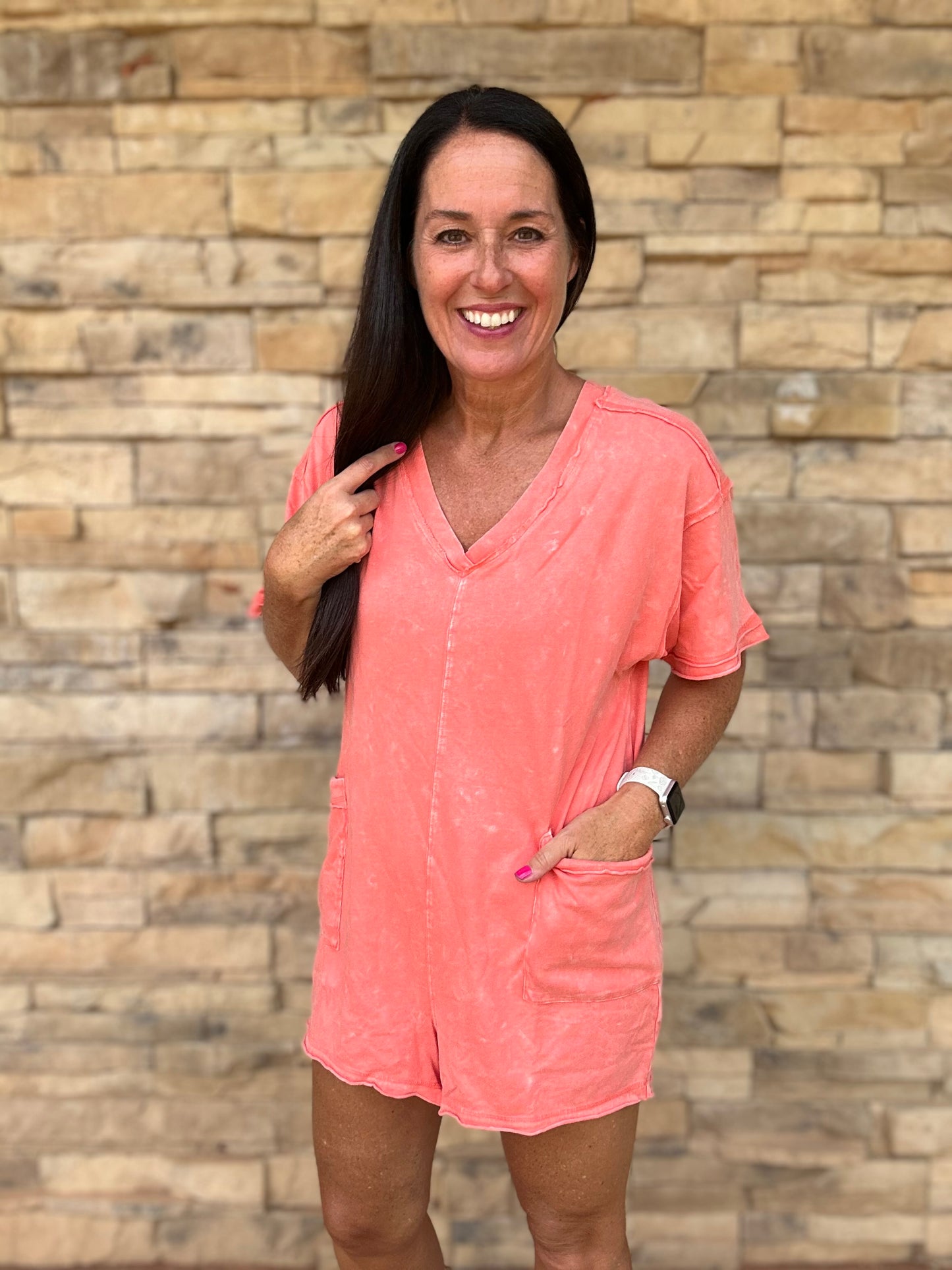 Mineral Washed Oversized V-Neck Romper, Coral