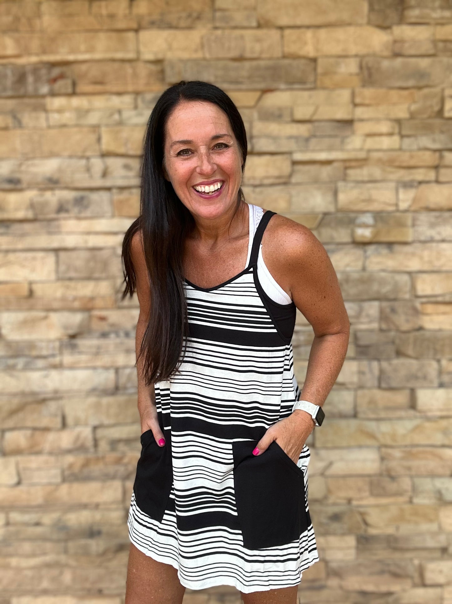 V-Neck Striped Dress, Black