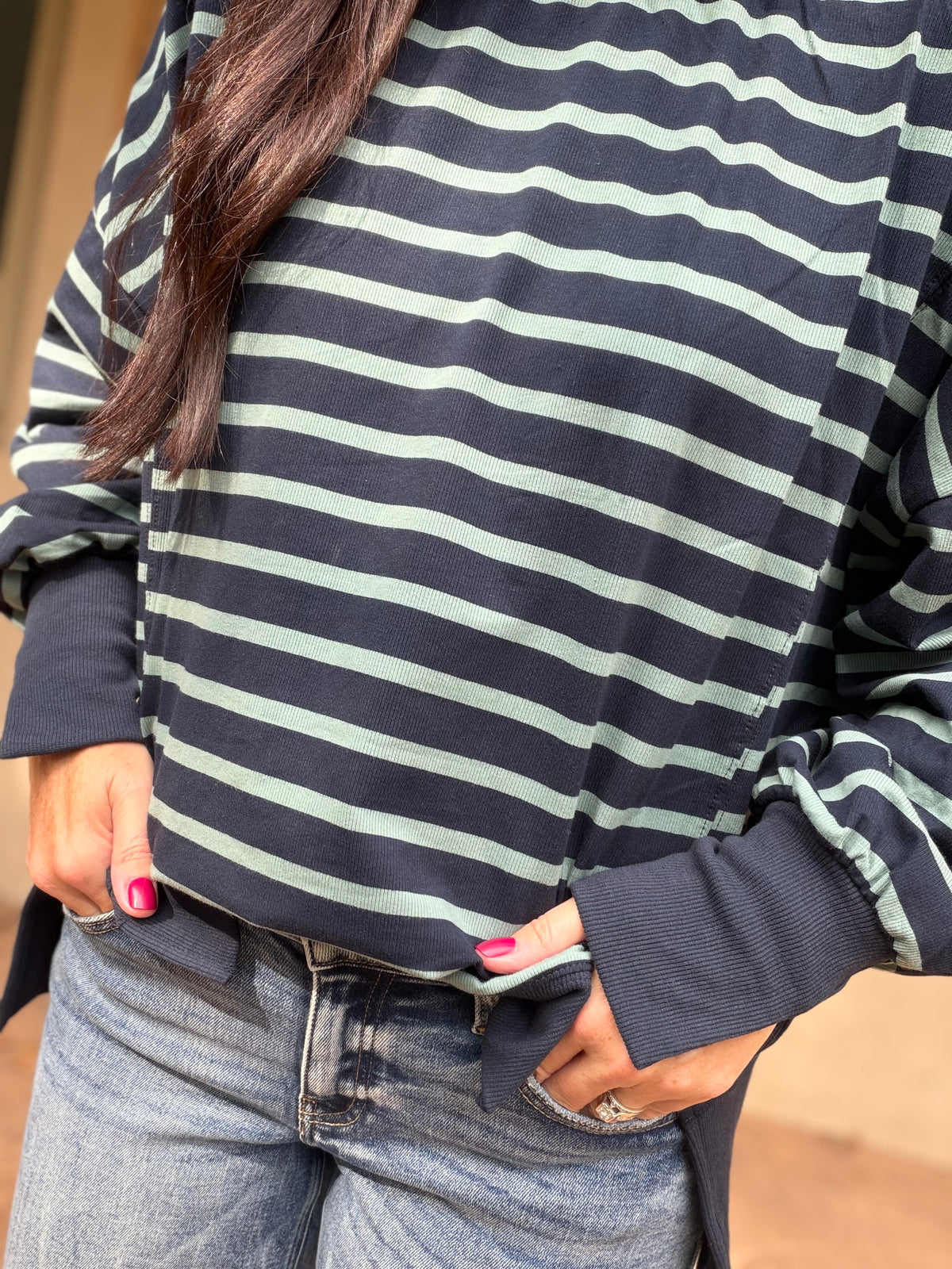 Striped Mock Neck Sweatshirt, Navy/Sage