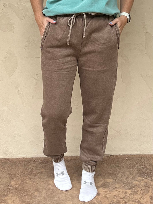 Zenana Acid Wash Fleece Joggers, Mocha