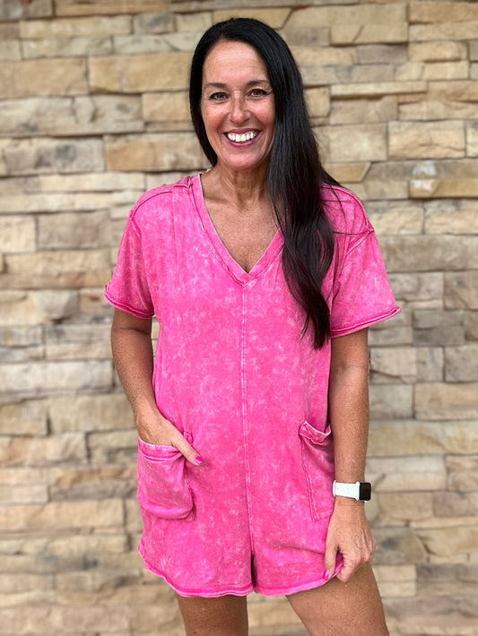 Mineral Washed Oversized V-Neck Romper, Pink
