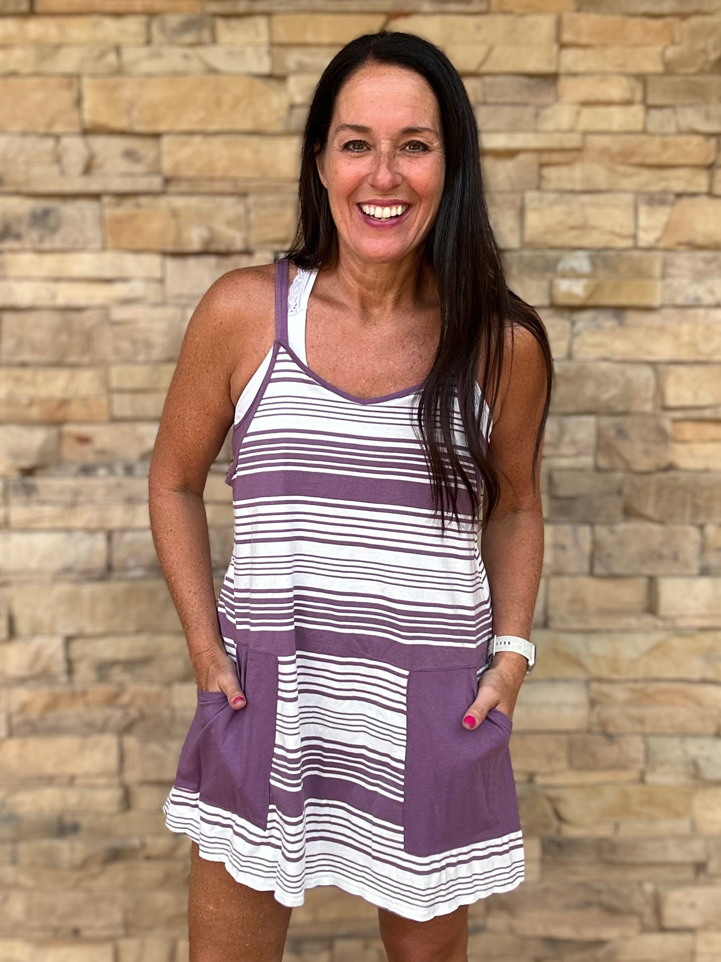 V-Neck Striped Dress, Purple