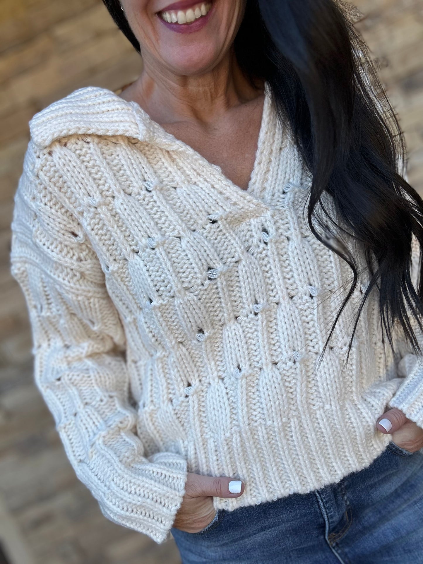So Me Collared V-Neck Sweater, Cream