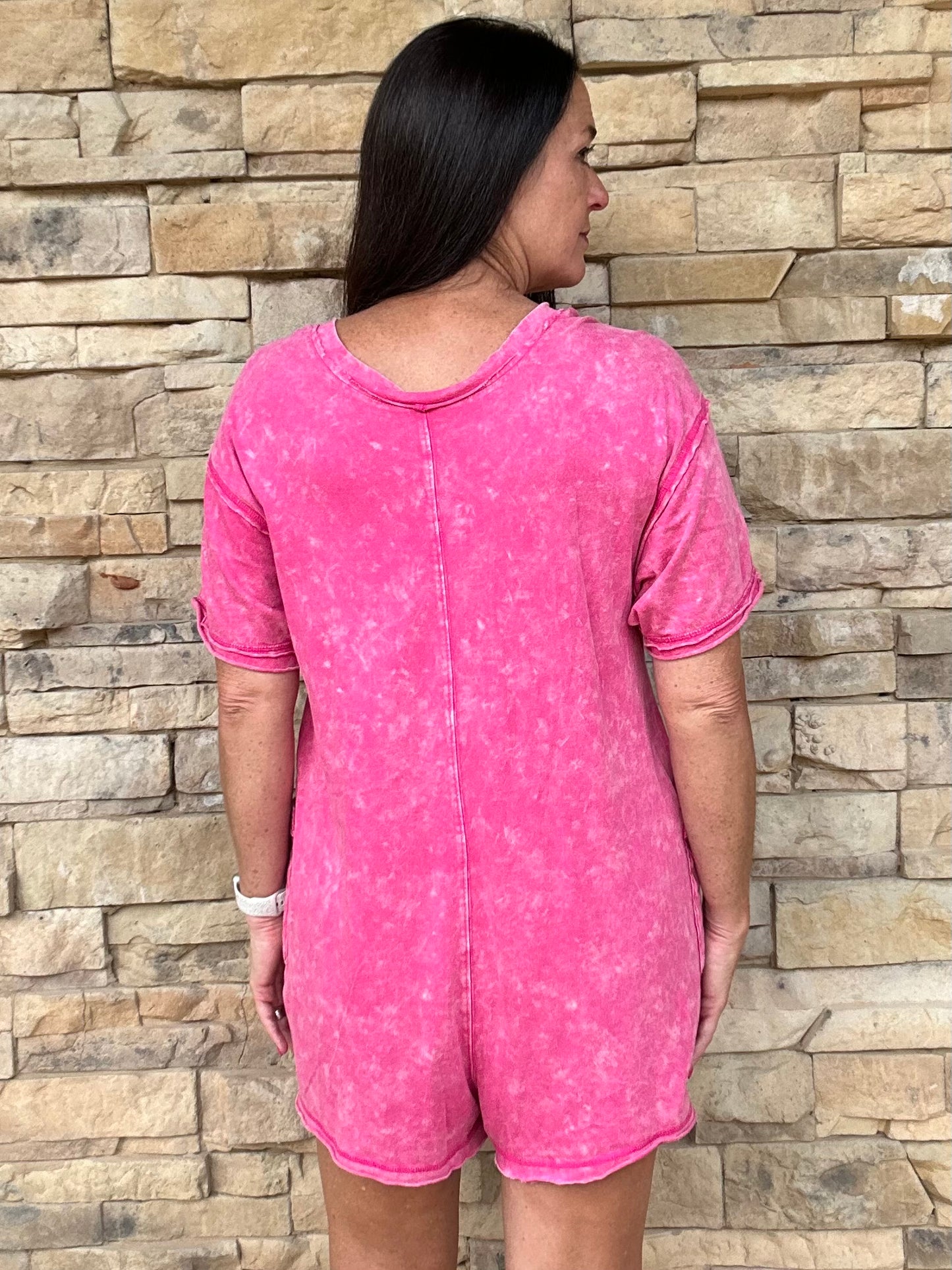 Mineral Washed Oversized V-Neck Romper, Pink