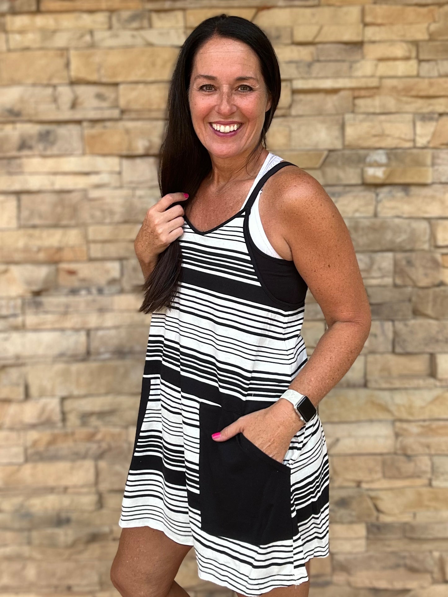V-Neck Striped Dress, Black