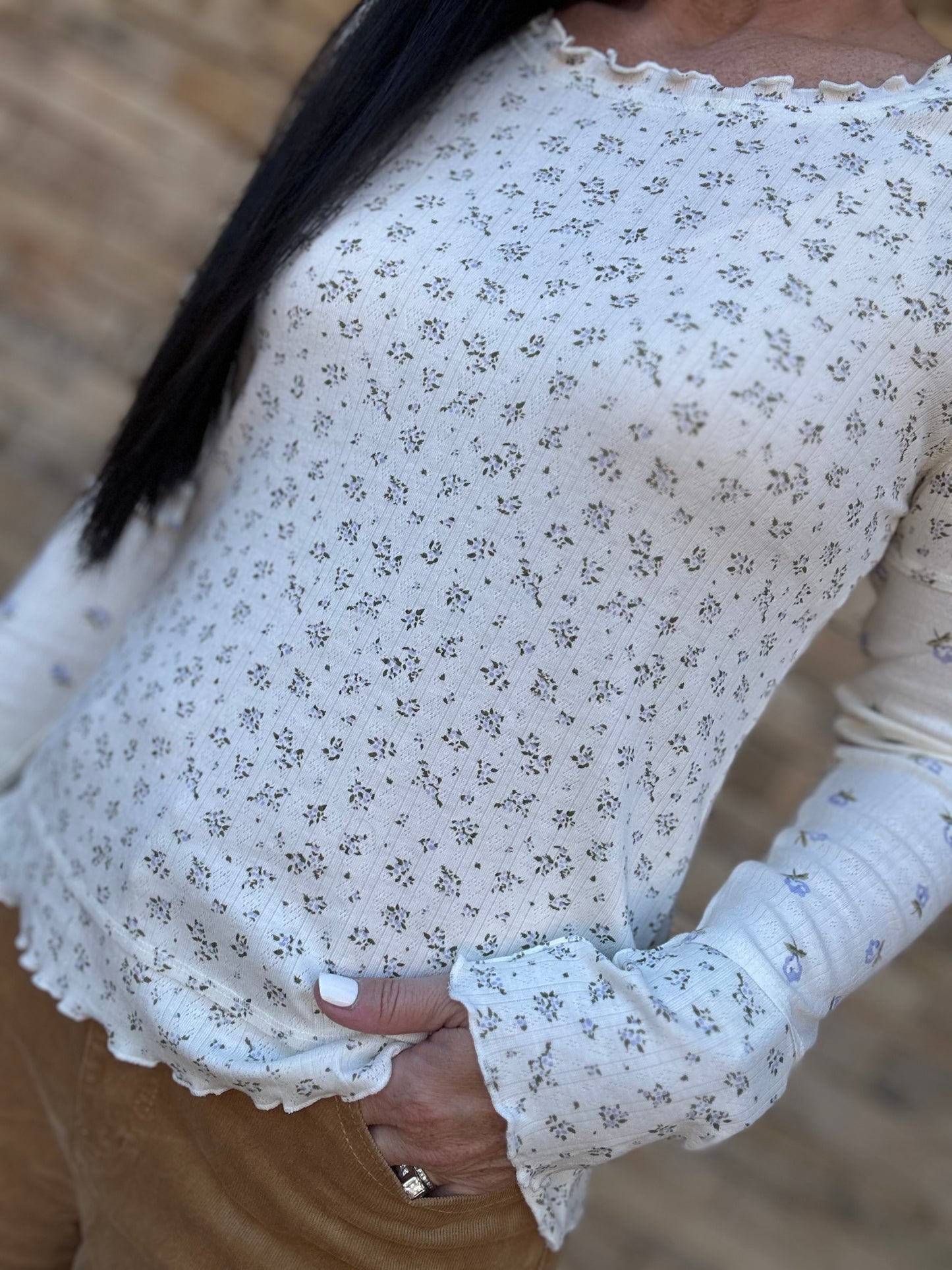 Blue Floral Lettuce Hem Top