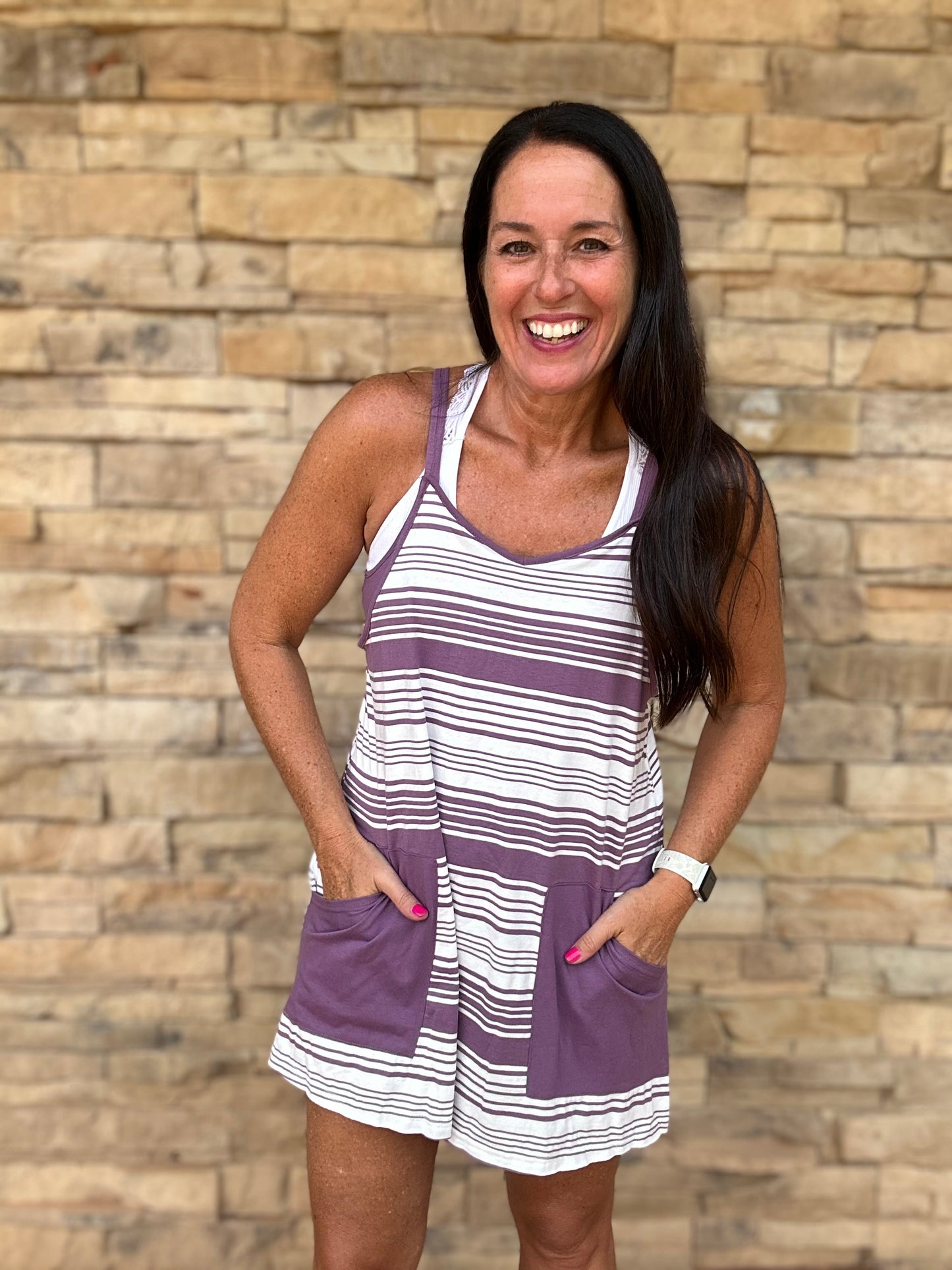V-Neck Striped Dress, Purple