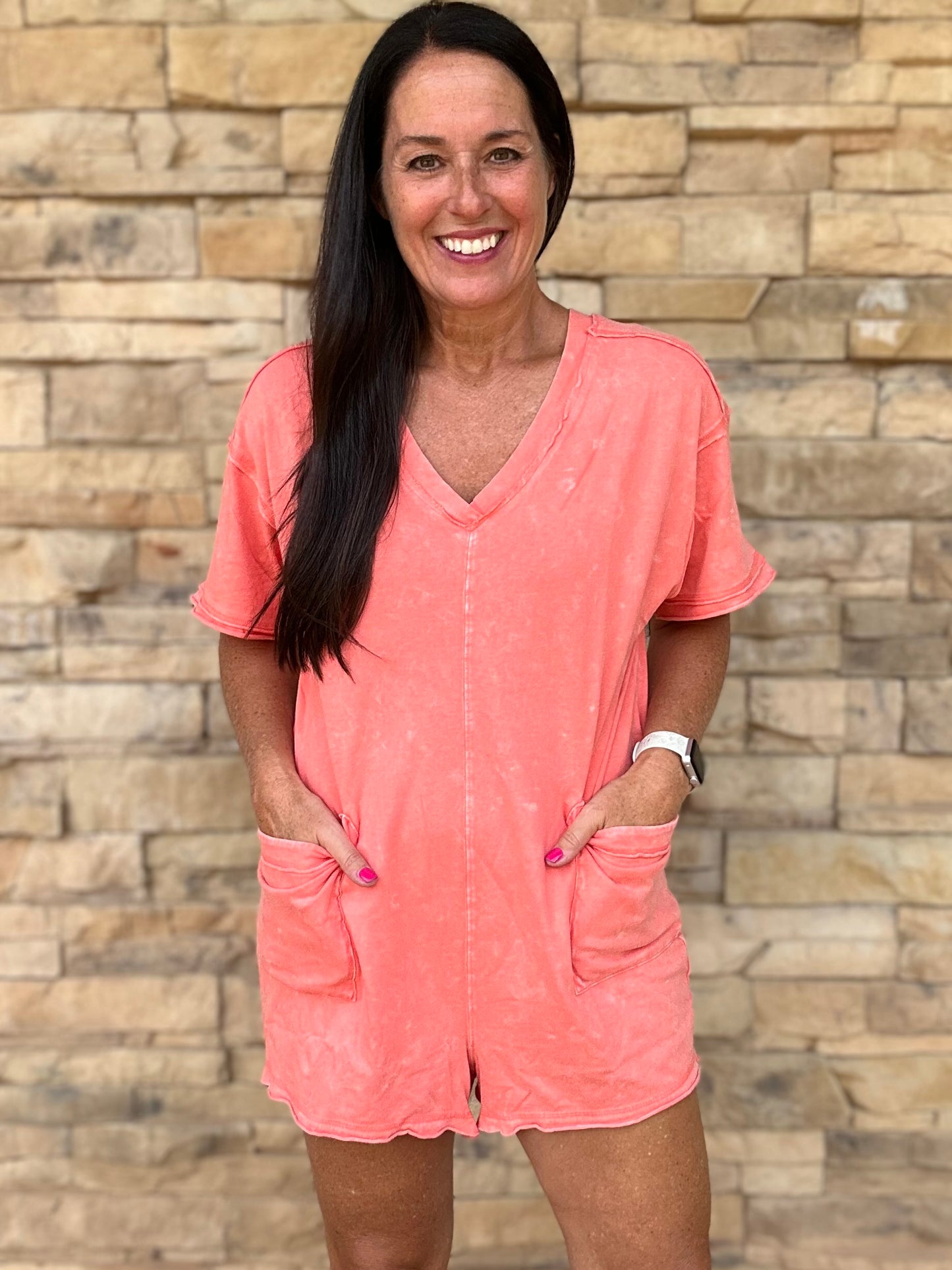 Mineral Washed Oversized V-Neck Romper, Coral