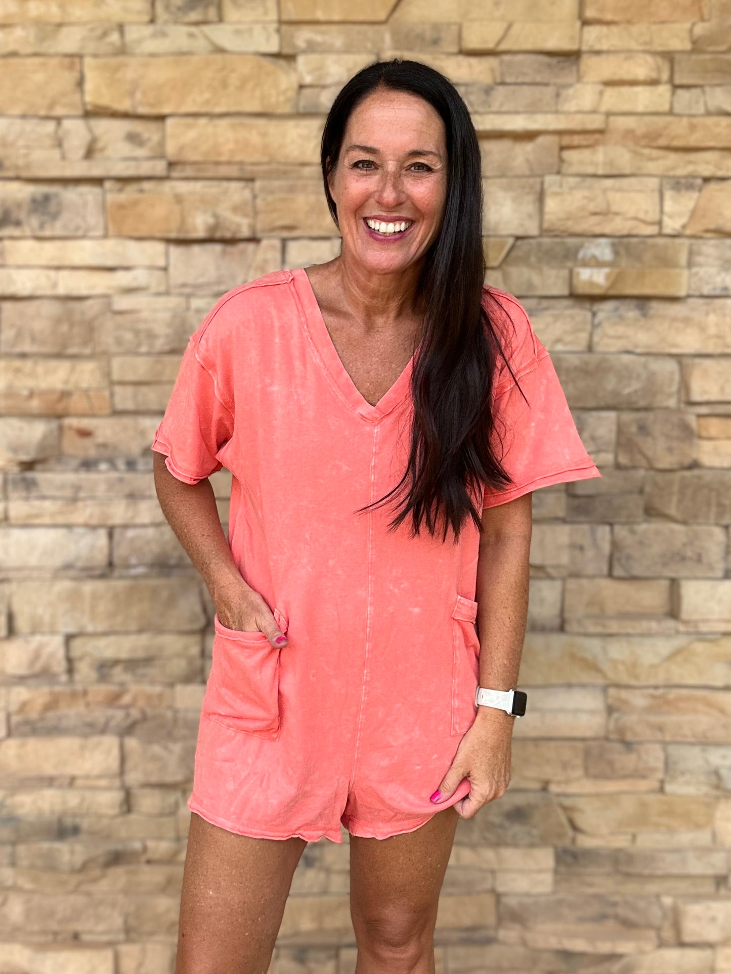 Mineral Washed Oversized V-Neck Romper, Coral
