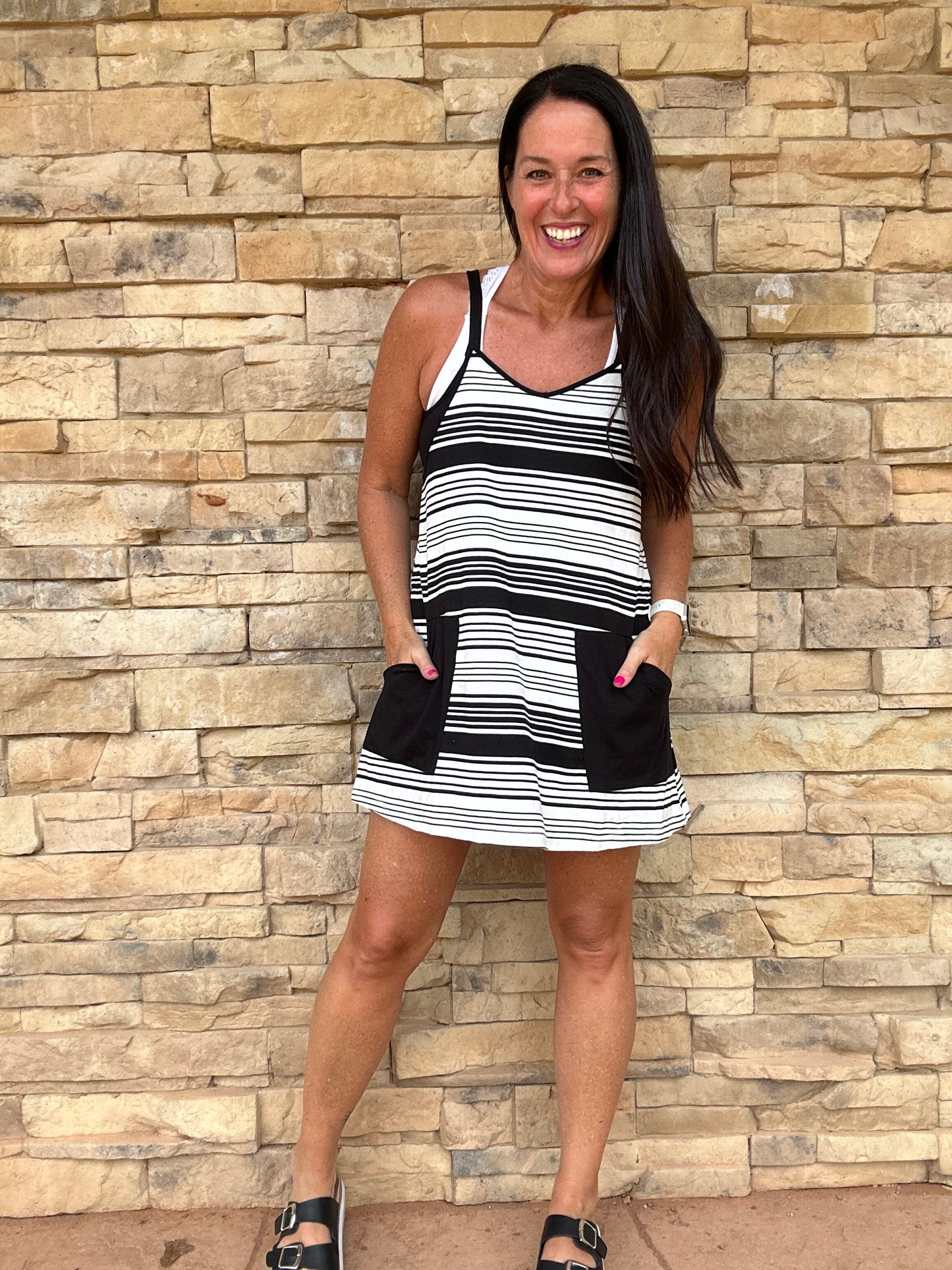 V-Neck Striped Dress, Black
