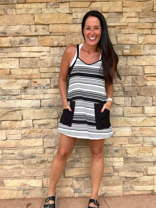 V-Neck Striped Dress, Black