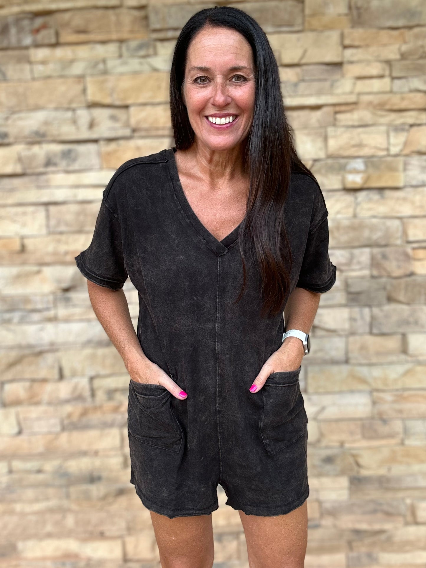 Mineral Washed Oversized V-Neck Romper, Black