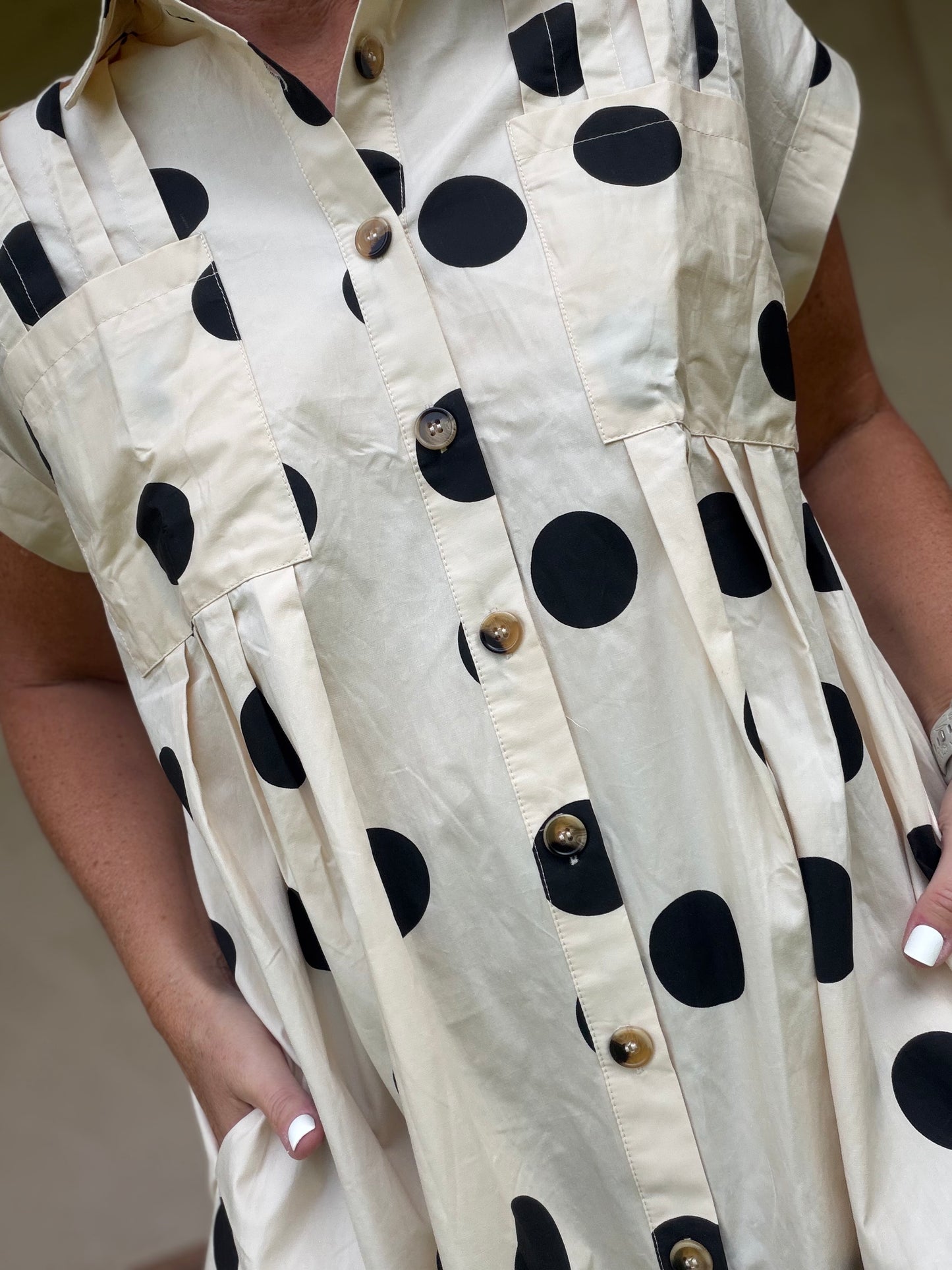 Polka Dot Button Down Pleated Dress, Black