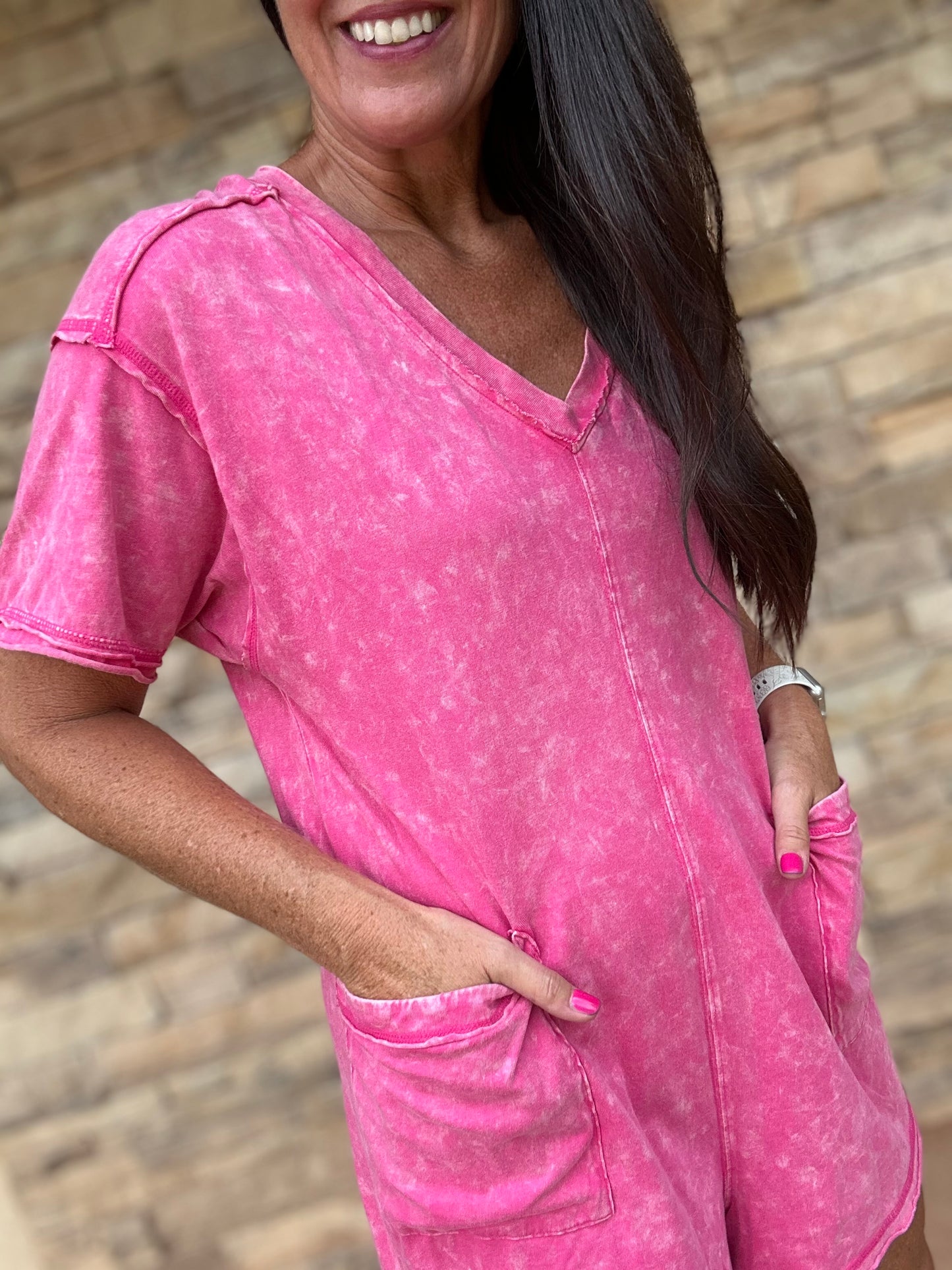 Mineral Washed Oversized V-Neck Romper, Pink