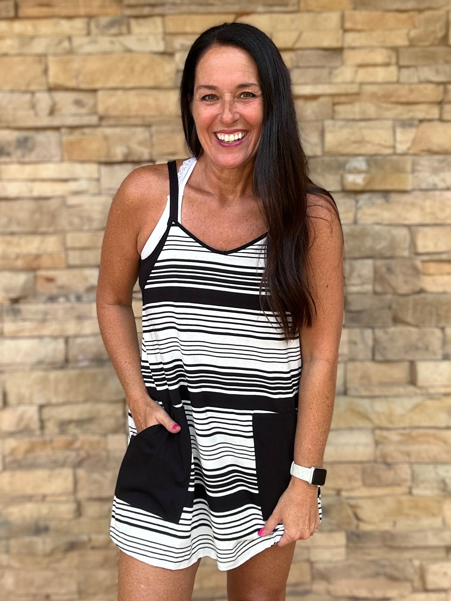V-Neck Striped Dress, Black