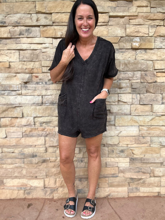 Mineral Washed Oversized V-Neck Romper, Black