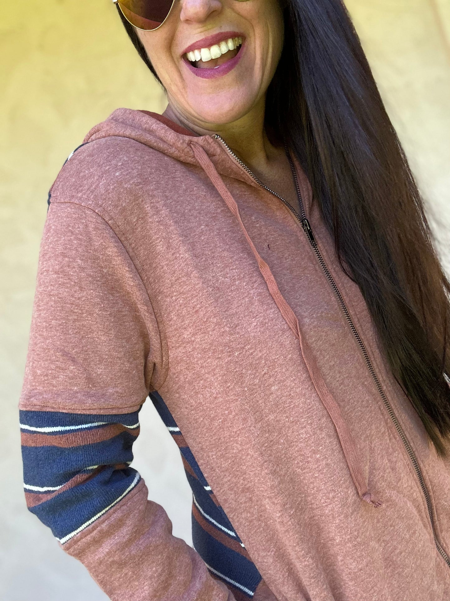 Rust Striped Contrast Hoodie