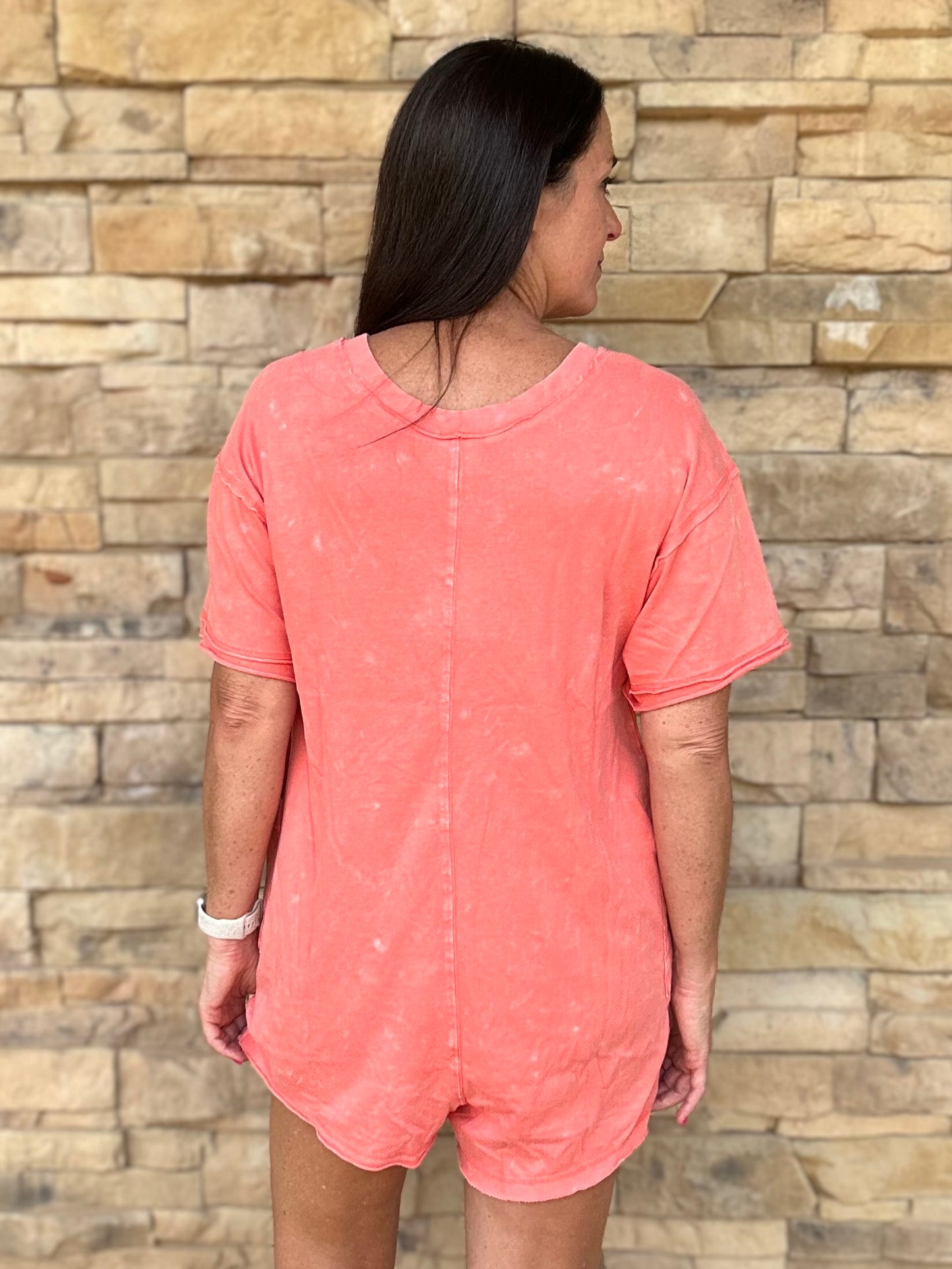 Mineral Washed Oversized V-Neck Romper, Coral
