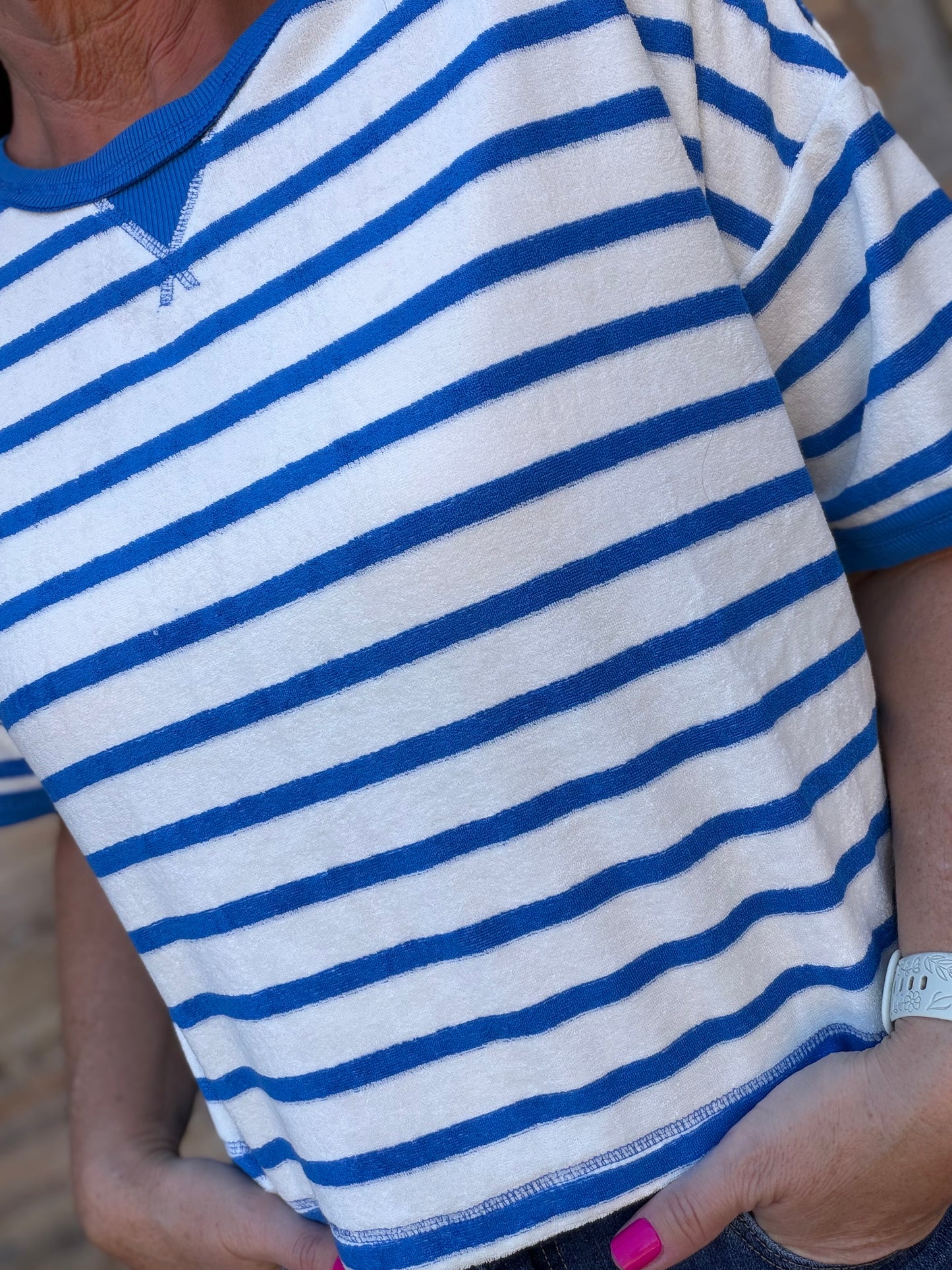 Terry Striped Tee, White/Blue