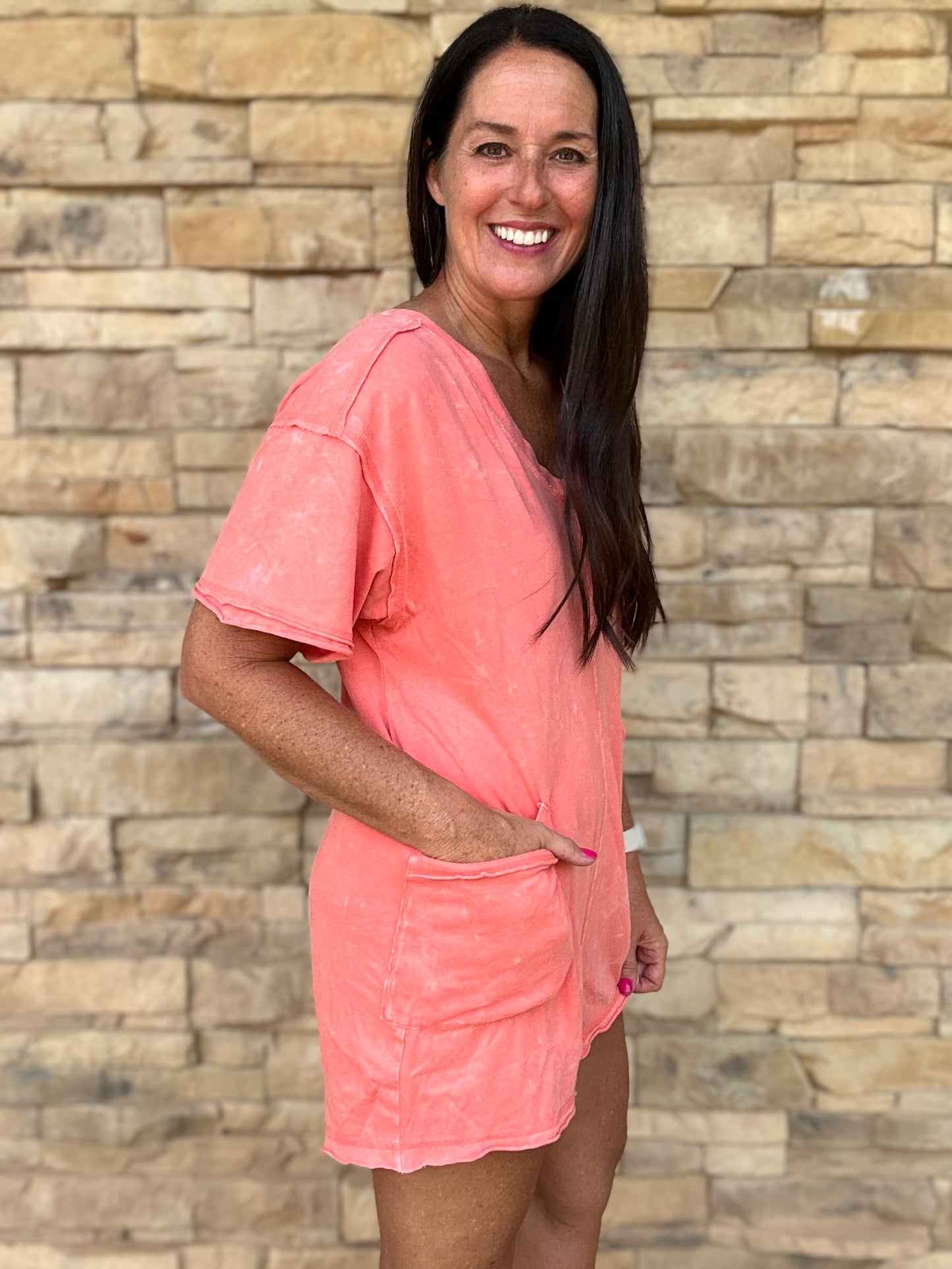 Mineral Washed Oversized V-Neck Romper, Coral