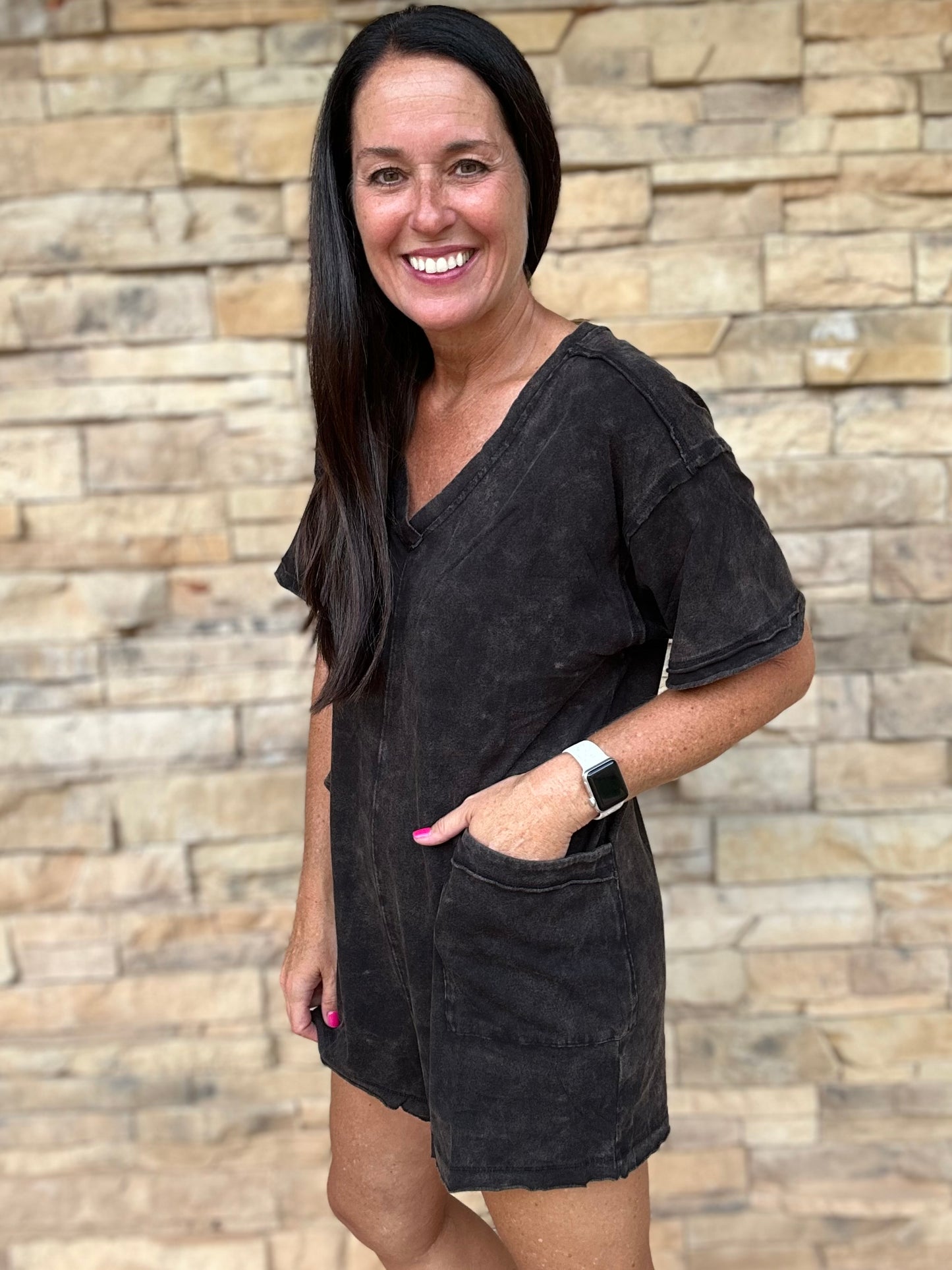 Mineral Washed Oversized V-Neck Romper, Black