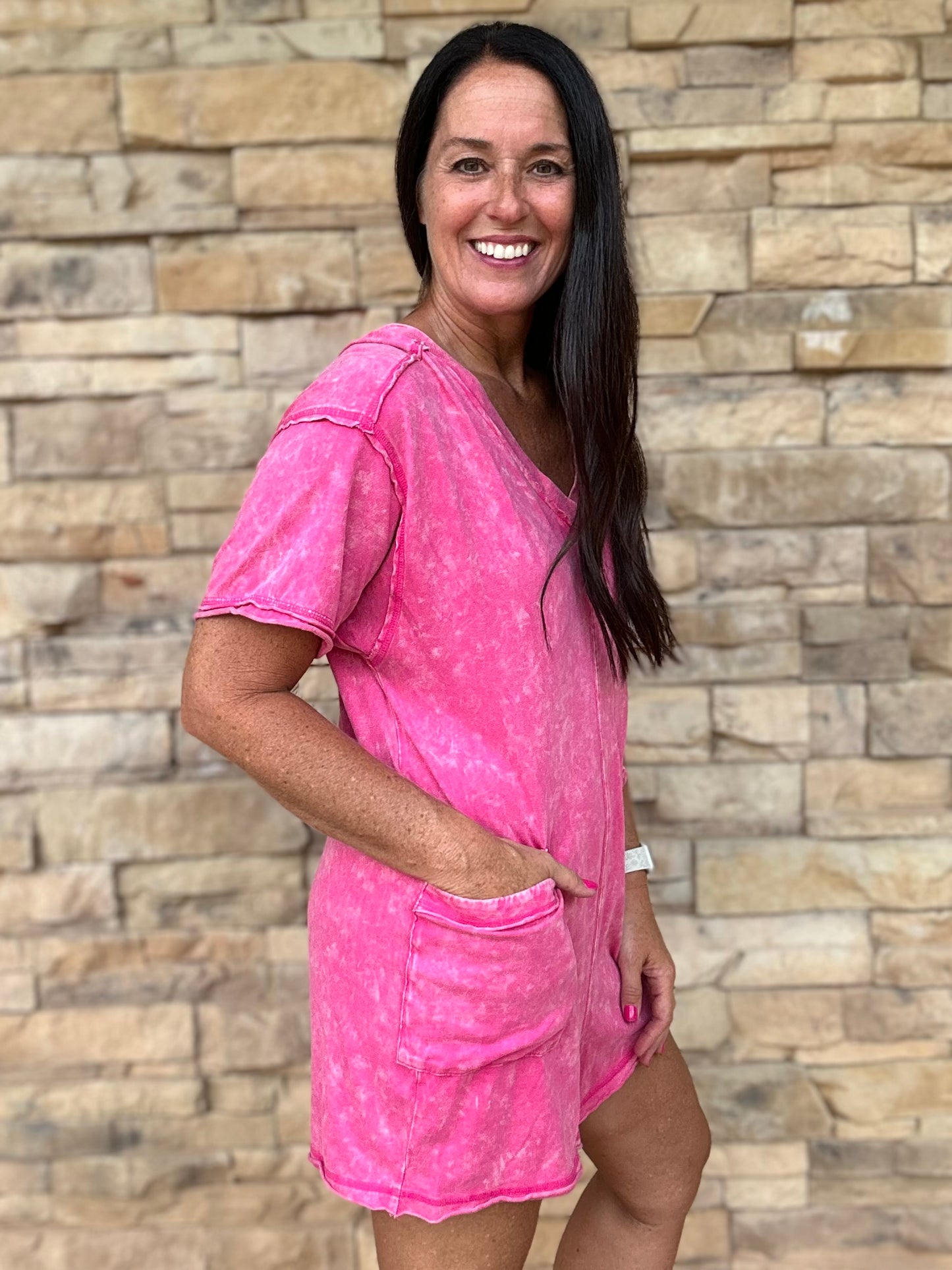 Mineral Washed Oversized V-Neck Romper, Pink