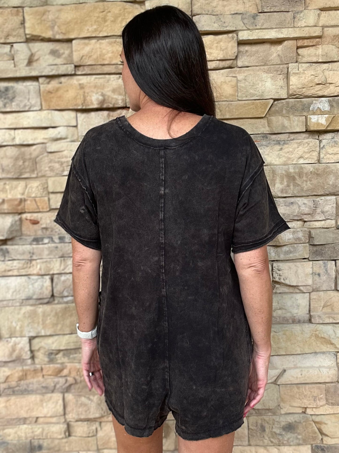 Mineral Washed Oversized V-Neck Romper, Black