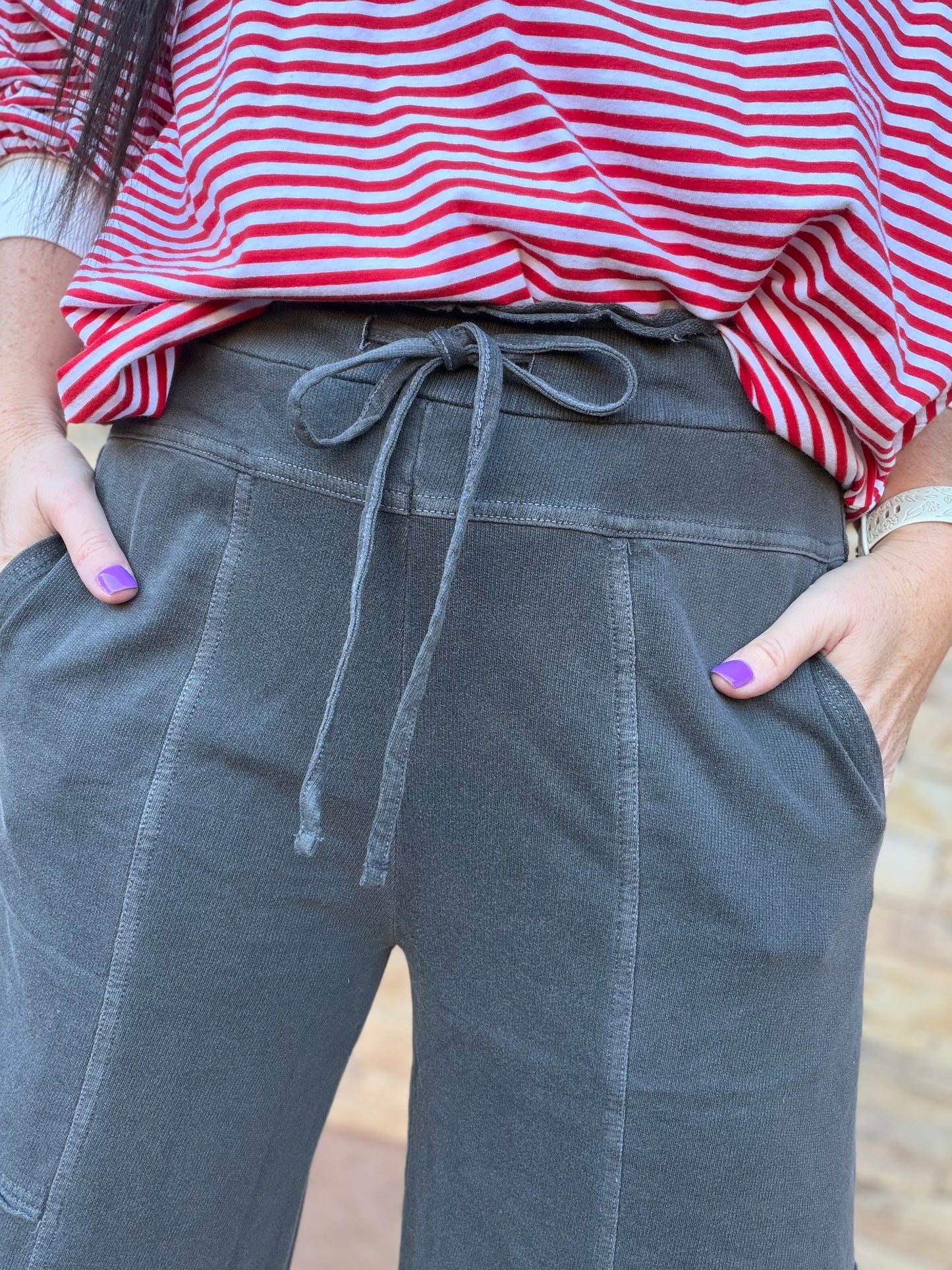 Zenana French Terry Exposed Seam Wide Leg Pants, Black