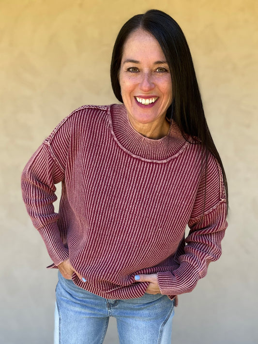 Zenana Acid Washed Side Slit Sweater, Cabernet