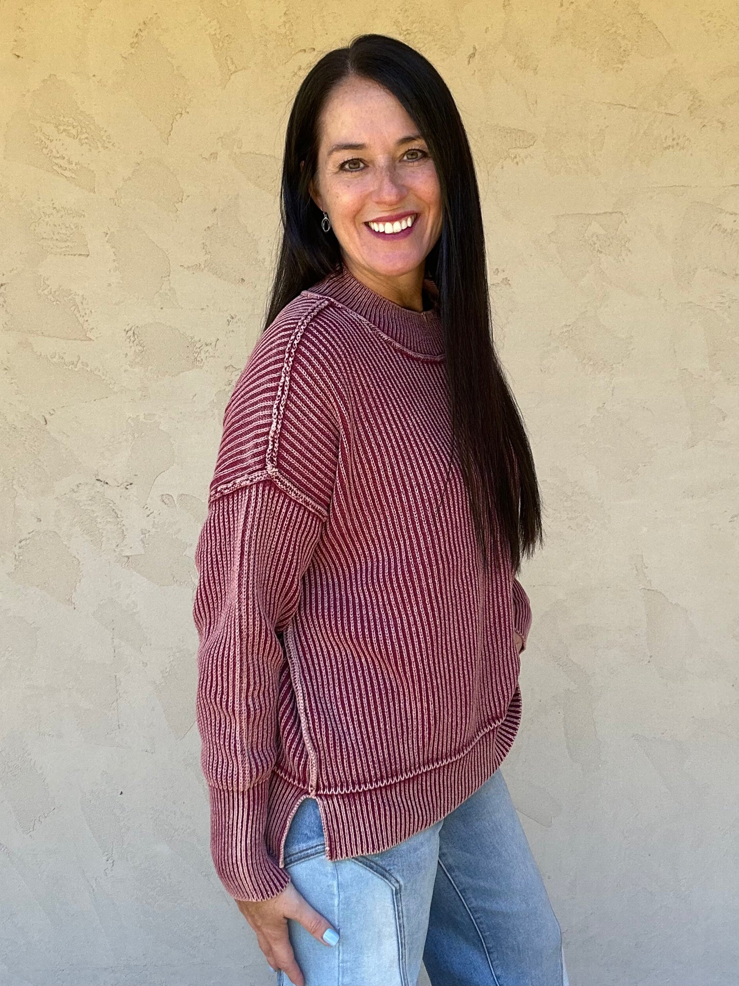 Zenana Acid Washed Side Slit Sweater, Cabernet