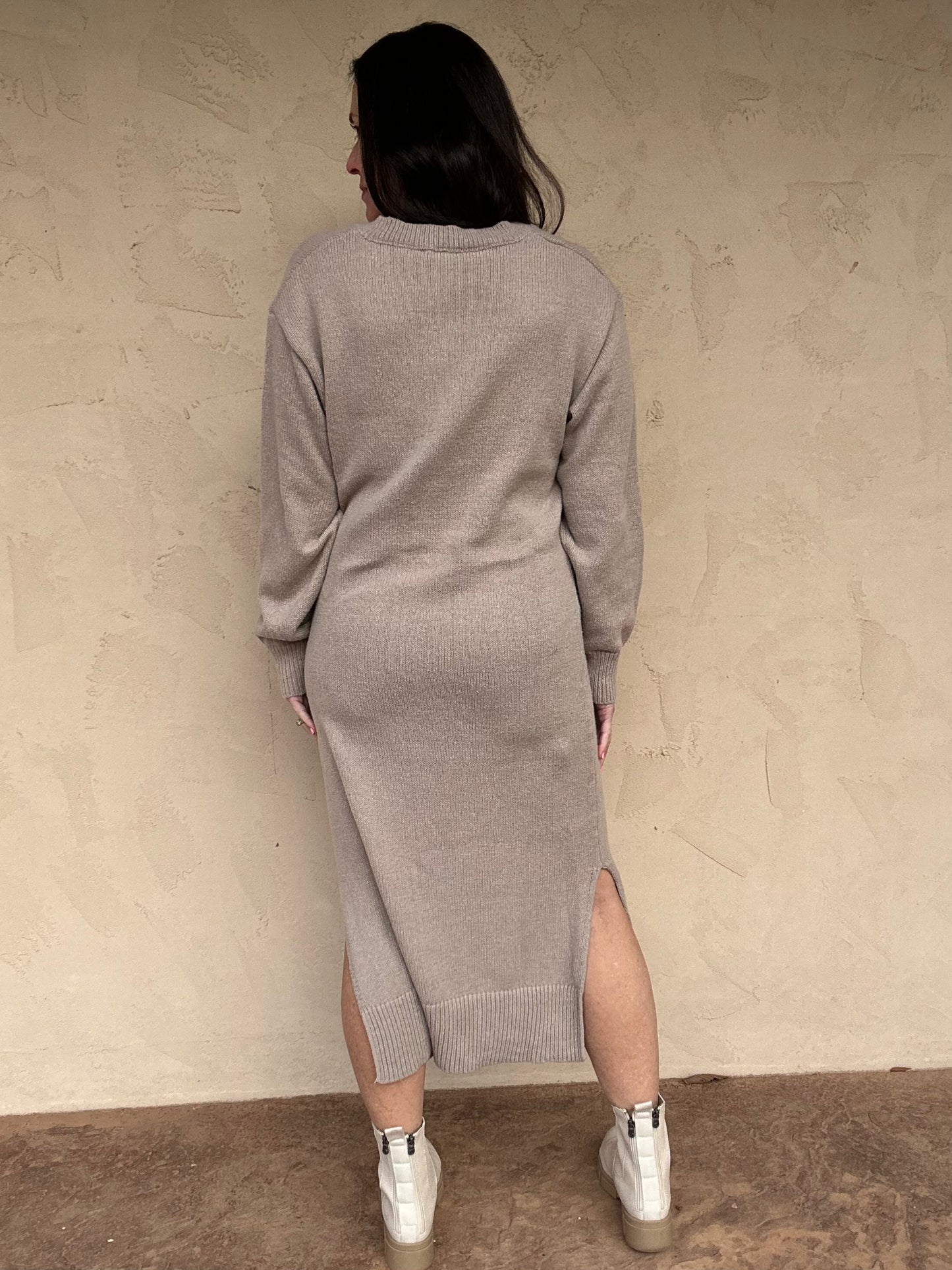 V-Neck Sweater Dress, Taupe