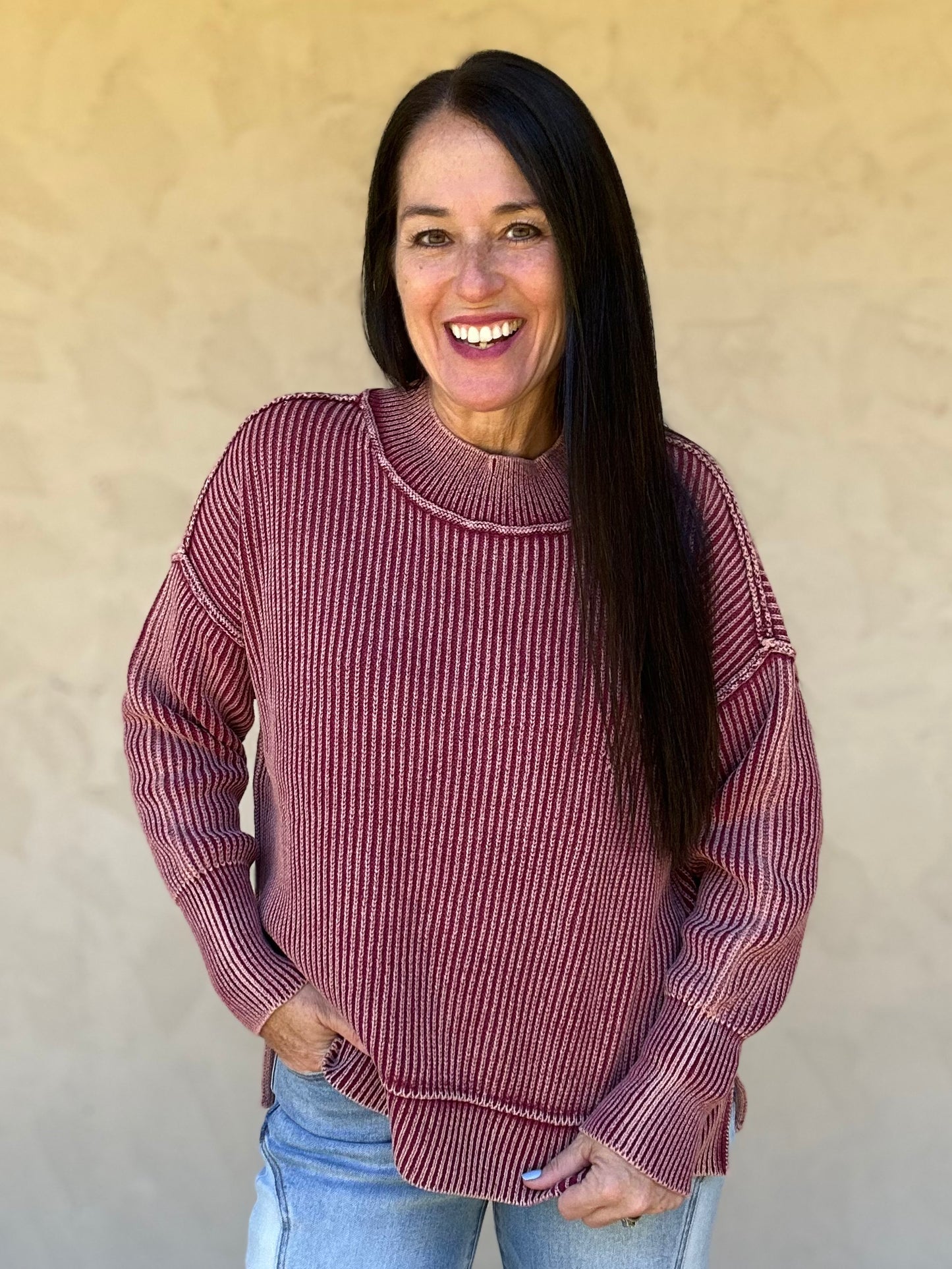 Zenana Acid Washed Side Slit Sweater, Cabernet