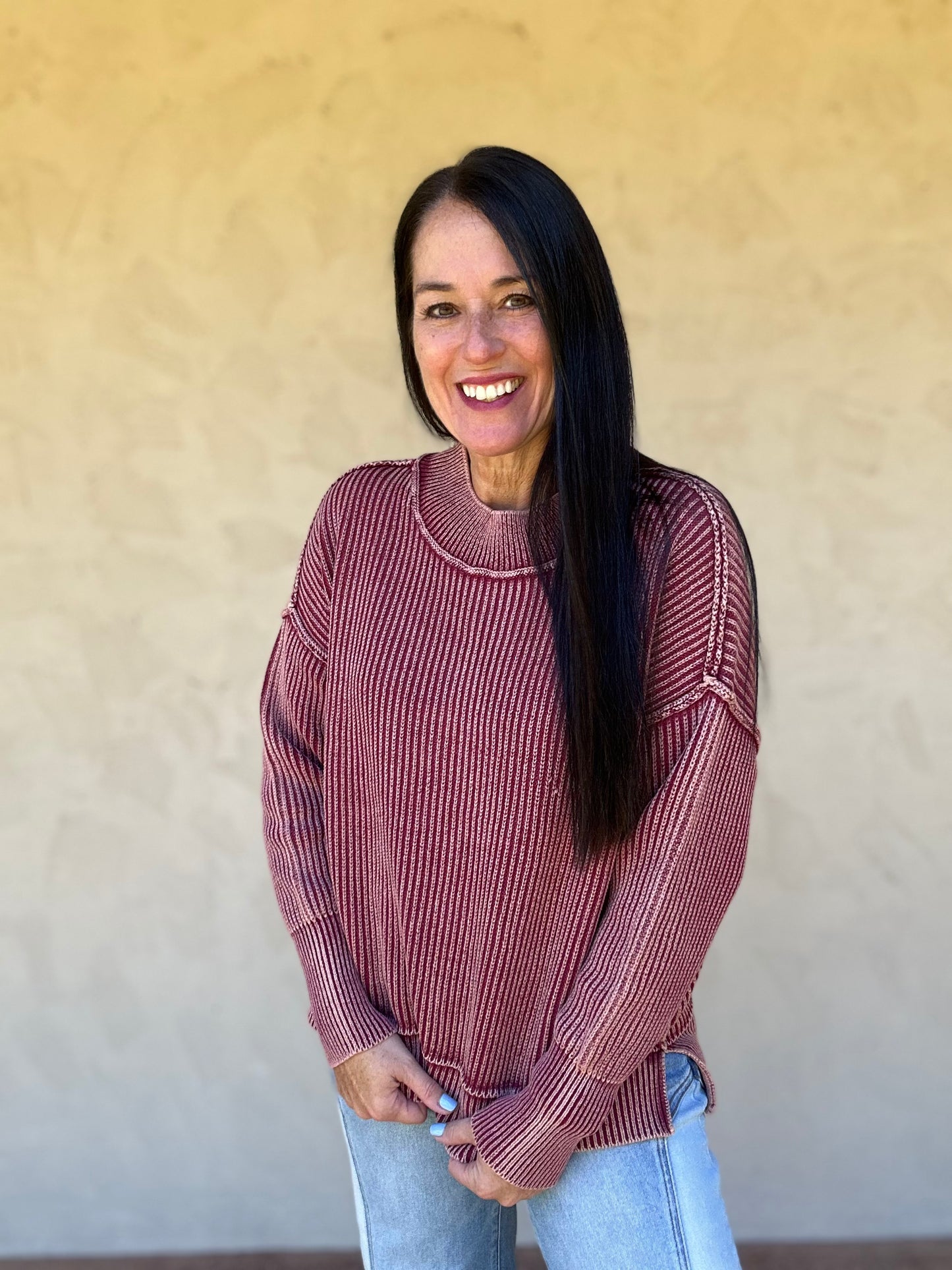 Zenana Acid Washed Side Slit Sweater, Cabernet