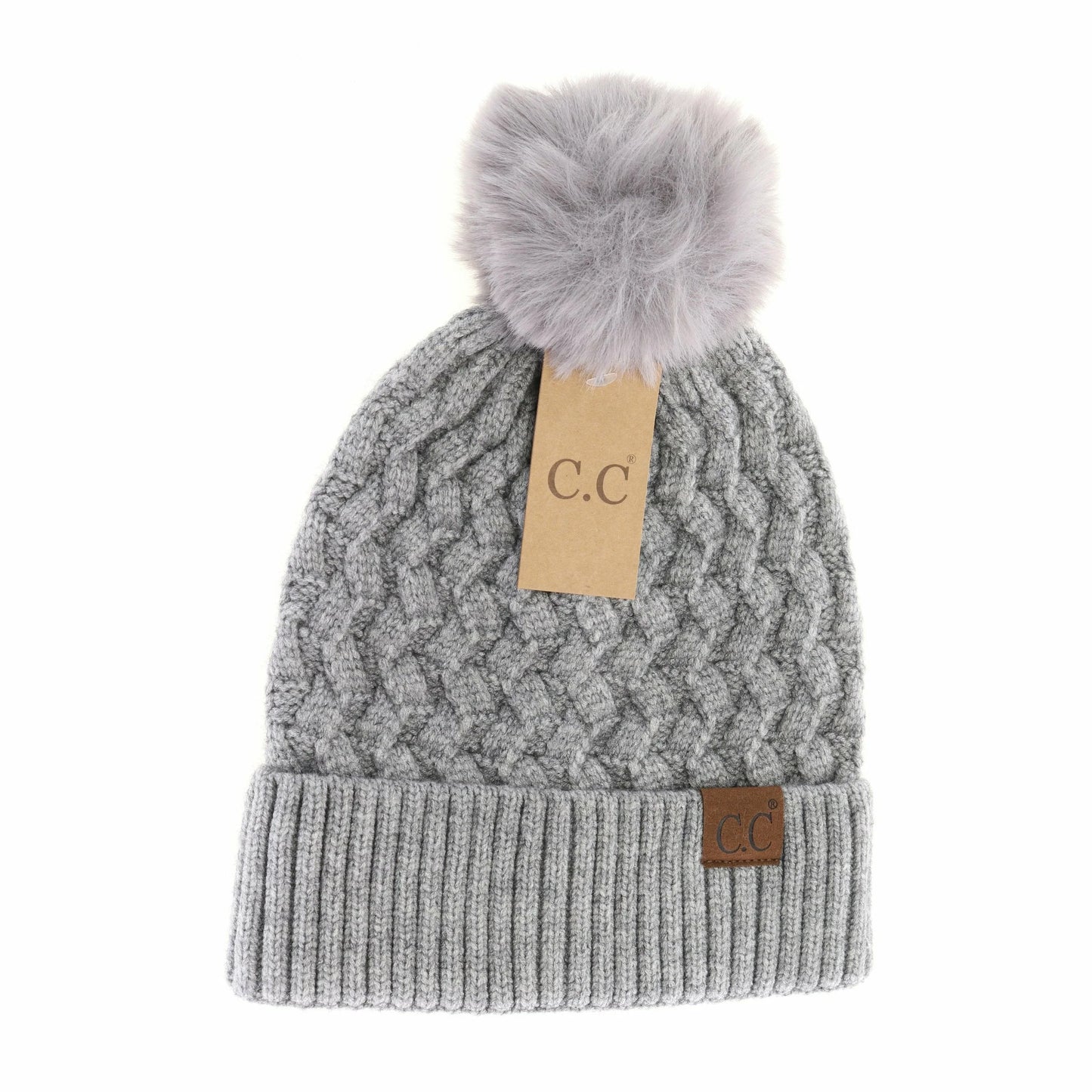 Woven Cable Knit Cuffed Matching Fur Pom C.C Beanie