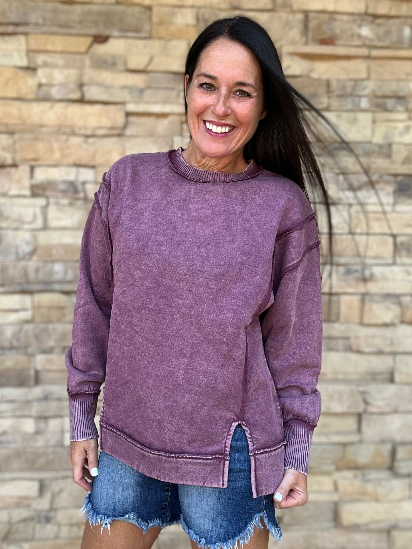 Zenana Acid Wash Sweatshirt, Eggplant