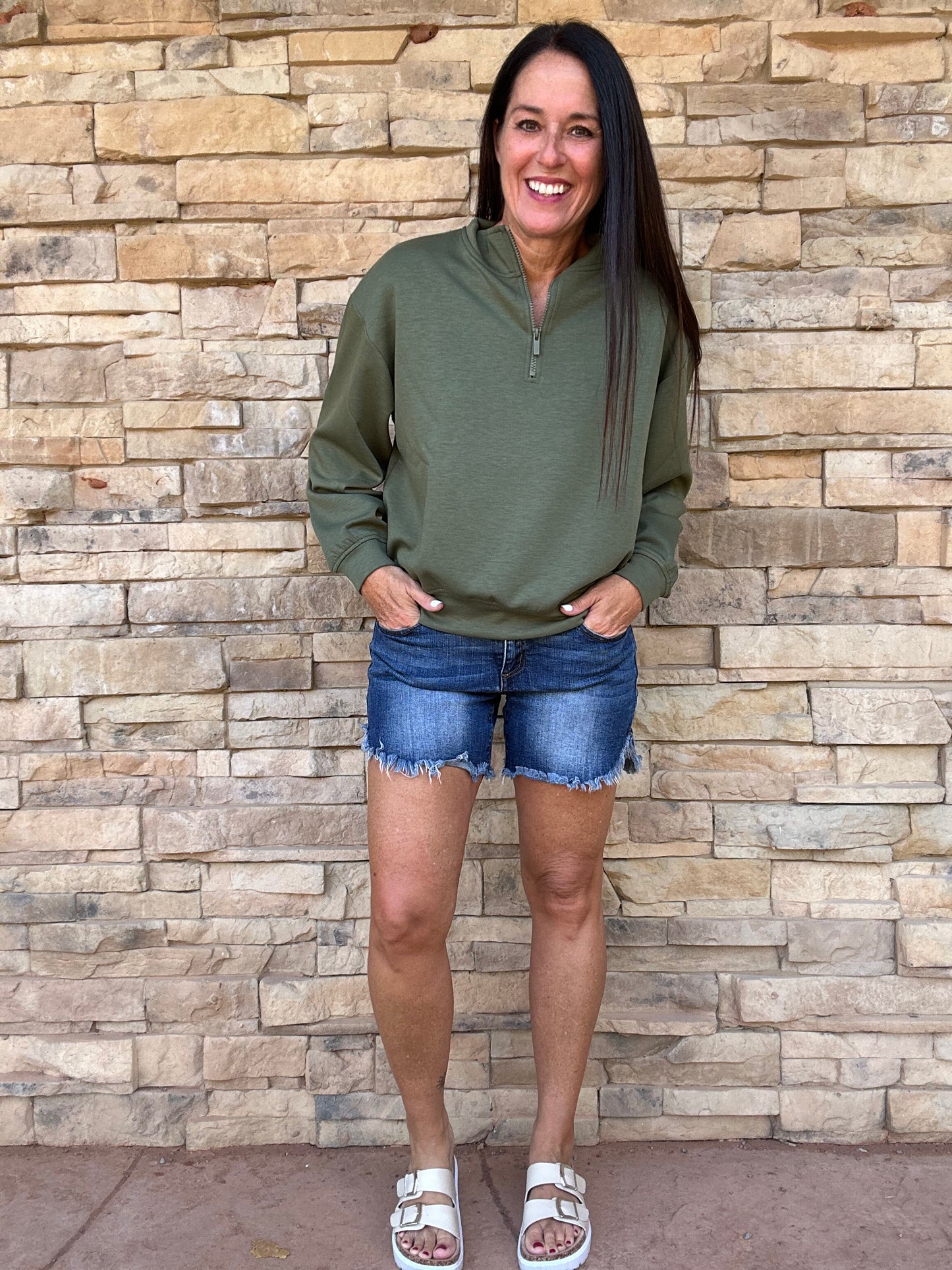 Zenana Scuba Half-Zip Pullover, Olive