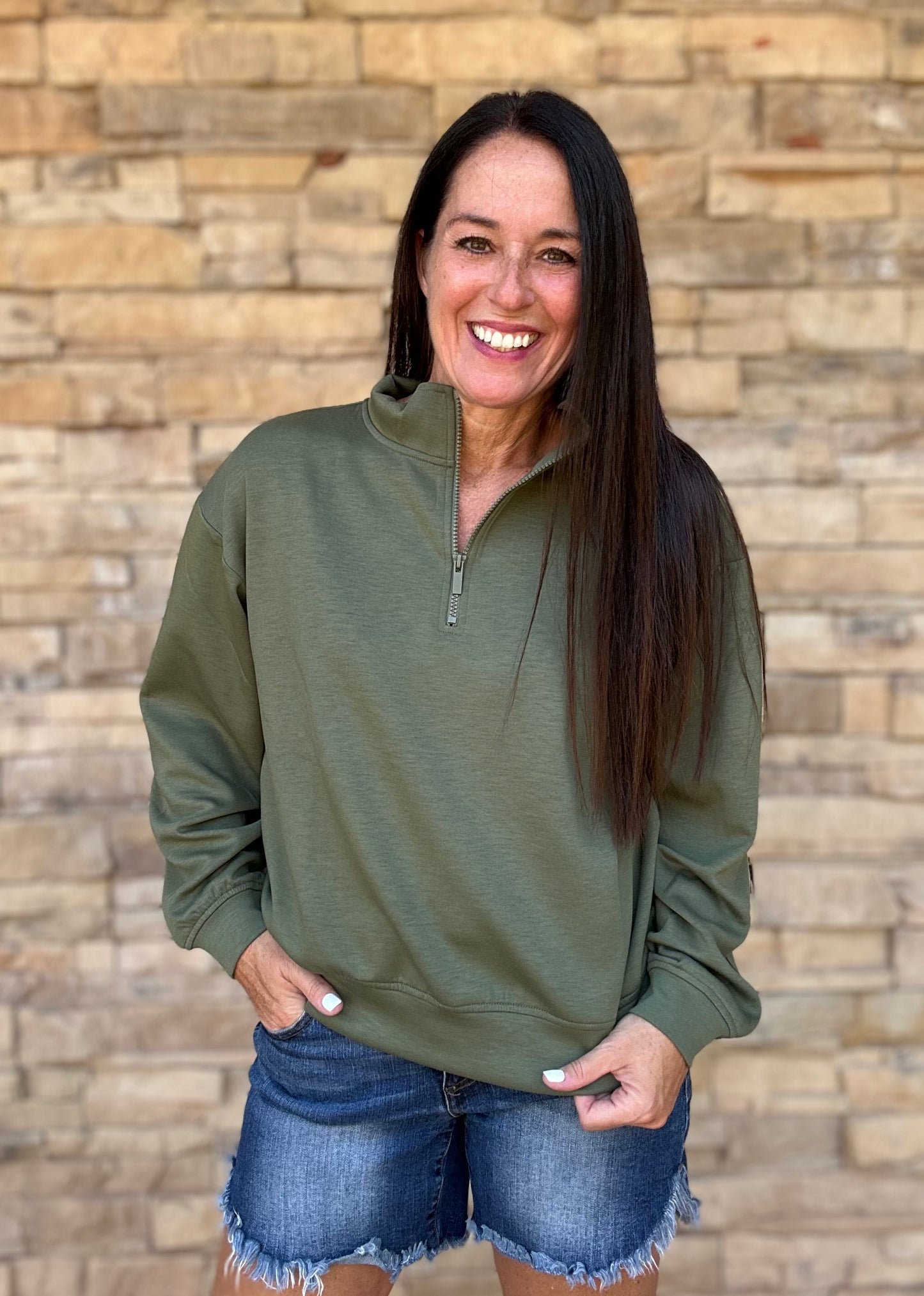 Zenana Scuba Half-Zip Pullover, Olive