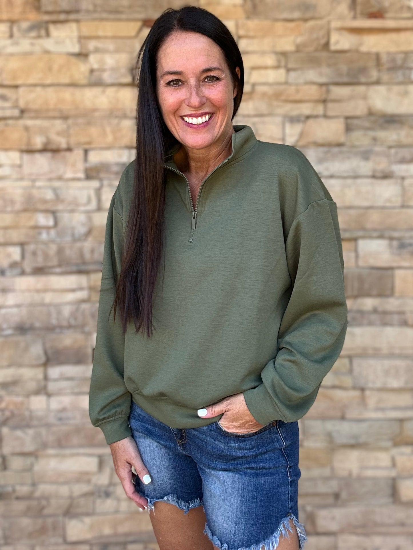 Zenana Scuba Half-Zip Pullover, Olive