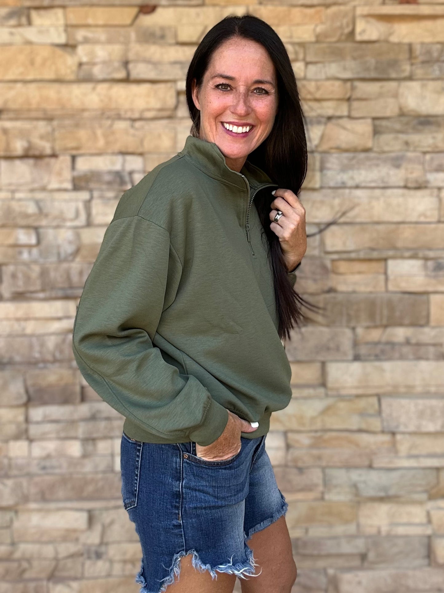 Zenana Scuba Half-Zip Pullover, Olive