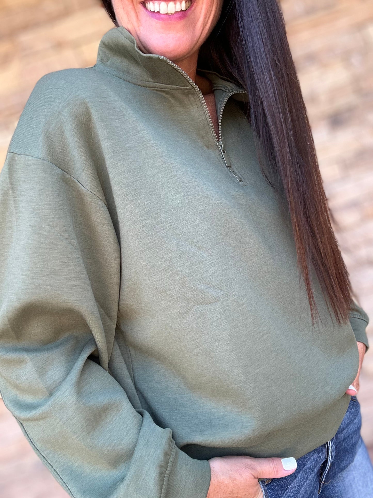 Zenana Scuba Half-Zip Pullover, Olive
